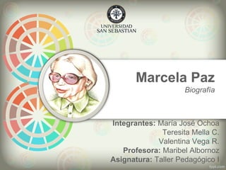 Marcela Paz
Biografía
Integrantes: María José Ochoa
Teresita Mella C.
Valentina Vega R.
Profesora: Maribel Albornoz
Asignatura: Taller Pedagógico I
 