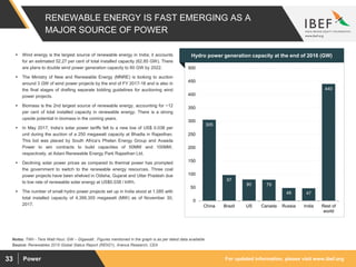 For updated information, please visit www.ibef.orgPower33
RENEWABLE ENERGY IS FAST EMERGING AS A
MAJOR SOURCE OF POWER
305
97
80 79
48 47
440
0
50
100
150
200
250
300
350
400
450
500
China Brazil US Canada Russia India Rest of
world
Source: Renewables 2015 Global Status Report (REN21), Aranca Research, CEA
Notes: TWh - Tera Watt Hour; GW – Gigawatt , Figures mentioned in the graph is as per latest data available
 Wind energy is the largest source of renewable energy in India; it accounts
for an estimated 52.27 per cent of total installed capacity (62.85 GW). There
are plans to double wind power generation capacity to 60 GW by 2022.
 The Ministry of New and Renewable Energy (MNRE) is looking to auction
around 3 GW of wind power projects by the end of FY 2017-18 and is also in
the final stages of drafting separate bidding guidelines for auctioning wind
power projects.
 Biomass is the 2nd largest source of renewable energy, accounting for ~12
per cent of total installed capacity in renewable energy. There is a strong
upside potential in biomass in the coming years.
 In May 2017, India’s solar power tariffs fell to a new low of US$ 0.038 per
unit during the auction of a 250 megawatt capacity at Bhadla in Rajasthan.
This bid was placed by South Africa’s Phelan Energy Group and Avaada
Power to win contracts to build capacities of 50MW and 100MW,
respectively, at Adani Renewable Energy Park Rajasthan Ltd.
 Declining solar power prices as compared to thermal power has prompted
the government to switch to the renewable energy resources. Three coal
power projects have been shelved in Odisha, Gujarat and Uttar Pradesh due
to low rate of renewable solar energy at US$0.038 / kWh.
 The number of small hydro power projects set up in India stood at 1,085 with
total installed capacity of 4,399.355 megawatt (MW) as of November 30,
2017.
Visakhapatnam port traffic (million tonnes)Hydro power generation capacity at the end of 2016 (GW)
 