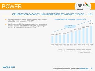 1212
MARCH 2017
For updated information, please visit www.ibef.org
GENERATION CAPACITY HAS INCREASED AT A HEALTHY PACE … (1/2)
POWER
Source: CEA (Central Electricity Authority), TechSci Research
Notes: GW – Gigawatt, CAGR - Compound Annual Growth Rate
(1) – As on January 2017
Installed electricity generation capacity (GW)Installed capacity increased steadily over the years, posting
a CAGR of 10.10 per cent in FY09–17(1)
As of November 2016, energy generation from conventional
sources stood at 777.506 billion units (BU), registering a Y-
o-Y of 4.99 per cent over the previous year.
CAGR:
10.10%
132.3 143.1 148
159.4
173.6
199.9
223.3
237.7
272.5 280.3
314..61
FY07 FY08 FY09 FY10 FY11 FY12 FY13 FY14 FY15 FY16 FY17
1
 