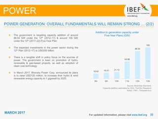 3333
MARCH 2017
For updated information, please visit www.ibef.org
POWER
POWER GENERATION: OVERALL FUNDAMENTALS WILL REMAIN STRONG … (2/2)
Source: Business Standard,
Capacity addition estimates by CEA, TechSci Research
Notes: TWh - Terawatt-hour
Addition to generation capacity under
Five-Year Plans (GW)The government is targeting capacity addition of around
88.54 GW under the 12th (2012–17) & around 100 GW
under the 13th (2017–22) Five-Year Plan
The expected investments in the power sector during the
12th Plan (2012–17) is USD250 billion
There is a tangible shift in policy focus on the sources of
power. The government is keen on promotion of hydro,
renewable & gas-based projects, as well as adoption of
clean coal technology
In March 2017, Bhoruka Power Corp. announced its plans
is to raise USD120 million, to increase their hydro & wind
renewable energy capacity to 1 gigawatt by 2020.
16.42 19.01 21.13
54.96
88.54
100
8th 9th 10th 11th 12th 13th
 