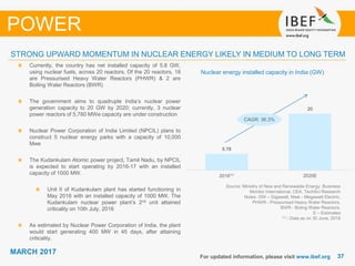 3737
MARCH 2017
For updated information, please visit www.ibef.org
STRONG UPWARD MOMENTUM IN NUCLEAR ENERGY LIKELY IN MEDIUM TO LONG TERM
Source: Ministry of New and Renewable Energy, Business
Monitor International, CEA, TechSci Research
Notes: GW – Gigawatt, Mwe - Megawatt Electric,
PHWR - Pressurised Heavy Water Reactors,
BWR - Boling Water Reactors,
E – Estimates
(1) - Data as on 30 June, 2016
POWER
Nuclear energy installed capacity in India (GW)
Currently, the country has net installed capacity of 5.8 GW,
using nuclear fuels, across 20 reactors. Of the 20 reactors, 18
are Pressurised Heavy Water Reactors (PHWR) & 2 are
Boiling Water Reactors (BWR)
The government aims to quadruple India’s nuclear power
generation capacity to 20 GW by 2020; currently, 3 nuclear
power reactors of 5,780 MWe capacity are under construction
Nuclear Power Corporation of India Limited (NPCIL) plans to
construct 5 nuclear energy parks with a capacity of 10,000
Mwe
The Kudankulam Atomic power project, Tamil Nadu, by NPCIL
is expected to start operating by 2016-17 with an installed
capacity of 1000 MW.
Unit II of Kudankulam plant has started functioning in
May 2016 with an installed capacity of 1000 MW. The
Kudankulam nuclear power plant’s 2nd unit attained
criticality on 10th July, 2016
As estimated by Nuclear Power Corporation of India, the plant
would start generating 400 MW in 45 days, after attaining
criticality.
CAGR: 36.3%
5.78
20
2016⁽¹⁾ 2020E
 