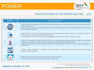 1515
Updated on October 14, 2016
For updated information, please visit www.ibef.org
Source: Company websites, News articles, TechSci Research
Note: NBFC - Non-Banking Financial Company
POWER
MAJOR PLAYERS IN THE POWER SECTOR … (2/2)
Company Business description
• Power Finance Corporation Limited (PFC) is an NBFC engaged in financing and development activities within the
Indian power sector
• Major products and services include project term loans, lease financing, direct discounting of bills, short-term loans
and consultancy services
• Adani Power is one of India’s largest private thermal power producers, with total capacity at 10.5 GW in 2016; the
company aims to generate 20 GW of power by 2020
• The company is one of the world’s largest single-location thermal power plants in Mundra, Gujarat
• Power Grid Corporation of India Limited (PGCIL) is the single largest transmission utility in India; it is responsible
for planning, co-ordination, supervision and control over inter-state transmission systems
• Target to enhance inter-regional capacity to about 72.25 GW at the end of XII Plan. In 2016, inter-regional capacity
is 47.45 GW.
• Damodar Valley Corporation is engaged in power generation, distribution and transmission of electric power,
irrigation and flood control
• SJVN Limited is the second largest hydro power company in India
• The company plans to diversify into wind power projects soon
 