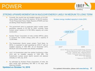 3737
Updated on October 14, 2016
For updated information, please visit www.ibef.org
STRONG UPWARD MOMENTUM IN NUCLEAR ENERGY LIKELY IN MEDIUM TO LONG TERM
Source: Ministry of New and Renewable Energy, Business
Monitor International, CEA, TechSci Research
Notes: GW – Gigawatt, Mwe - Megawatt Electric,
PHWR - Pressurised Heavy Water Reactors,
BWR - Boling Water Reactors,
E – Estimates
(1) - Data as on 30 June, 2016
POWER
Nuclear energy installed capacity in India (GW)
Currently, the country has net installed capacity of 5.8 GW,
using nuclear fuels, across 20 reactors. Of the 20 reactors,
18 are Pressurised Heavy Water Reactors (PHWR) and two
are Boiling Water Reactors (BWR)
The government aims to quadruple India’s nuclear power
generation capacity to 20 GW by 2020; currently, three
nuclear power reactors of 5,780 MWe capacity are under
construction
Nuclear Power Corporation of India Limited (NPCIL) plans
to construct five nuclear energy parks with a capacity of
10,000 Mwe
The Kudankulam Atomic power project, Tamil Nadu, by
NPCIL is expected to start operating by 2016-17 with an
installed capacity of 1000 MW. As on November 2015,
98.56 per cent of the project was already completed
Unit II of Kudankulam plant has started functioning in May
2016 with an installed capacity of 1000 MW. The
Kudankulam nuclear power plant’s second unit attained
criticality on 10th July, 2016
As estimated by Nuclear Power Corporation of India, the
plant would start generating 400 MW in 45 days, after
attaining criticality.
CAGR: 36.3%
5.78
20
2016⁽¹⁾ 2020E
 