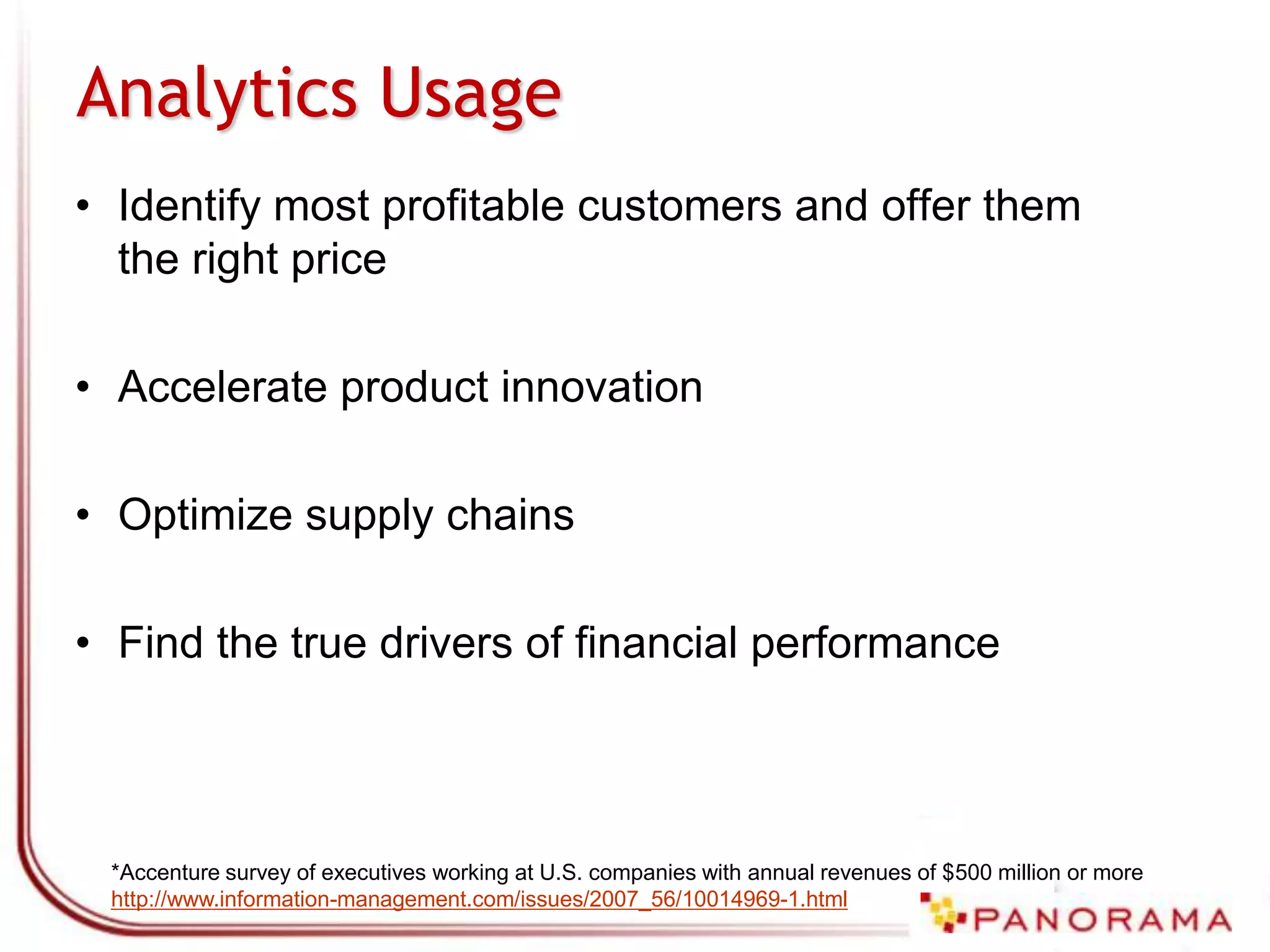  Live Q & A“High performance businesses are FIVE times more likely to use analytics than lower performers.”*Accenture survey of executives working at U.S. companies with annual revenues of $500 million or more http://www.information-management.com/issues/2007_56/10014969-1.html