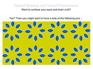 Optical Illusions and Visual Phenomena   Want to confuse your eyes and brain a bit?  Yes? Then you might want to have a look at the following pics ..   
