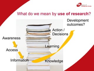 What do we mean by  use of research ? Information Knowledge Learning Action / Decisions Awareness Access Development outcomes? 
