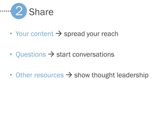 Share2
• Your content  spread your reach
• Questions  start conversations
• Other resources  show thought leadership
 