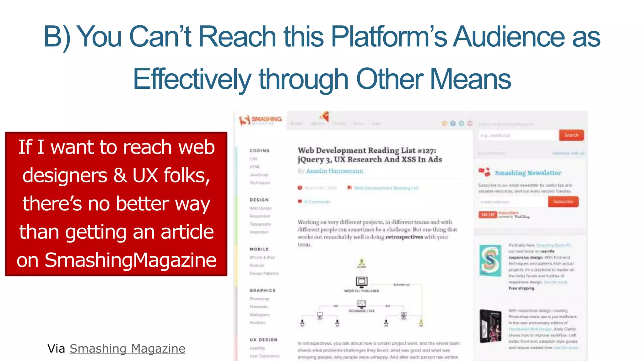 B) You Can’t Reach this Platform’sAudience as
Effectively through Other Means
If I want to reach web
designers & UX folks,
there’s no better way
than getting an article
on SmashingMagazine
Via Smashing Magazine
 