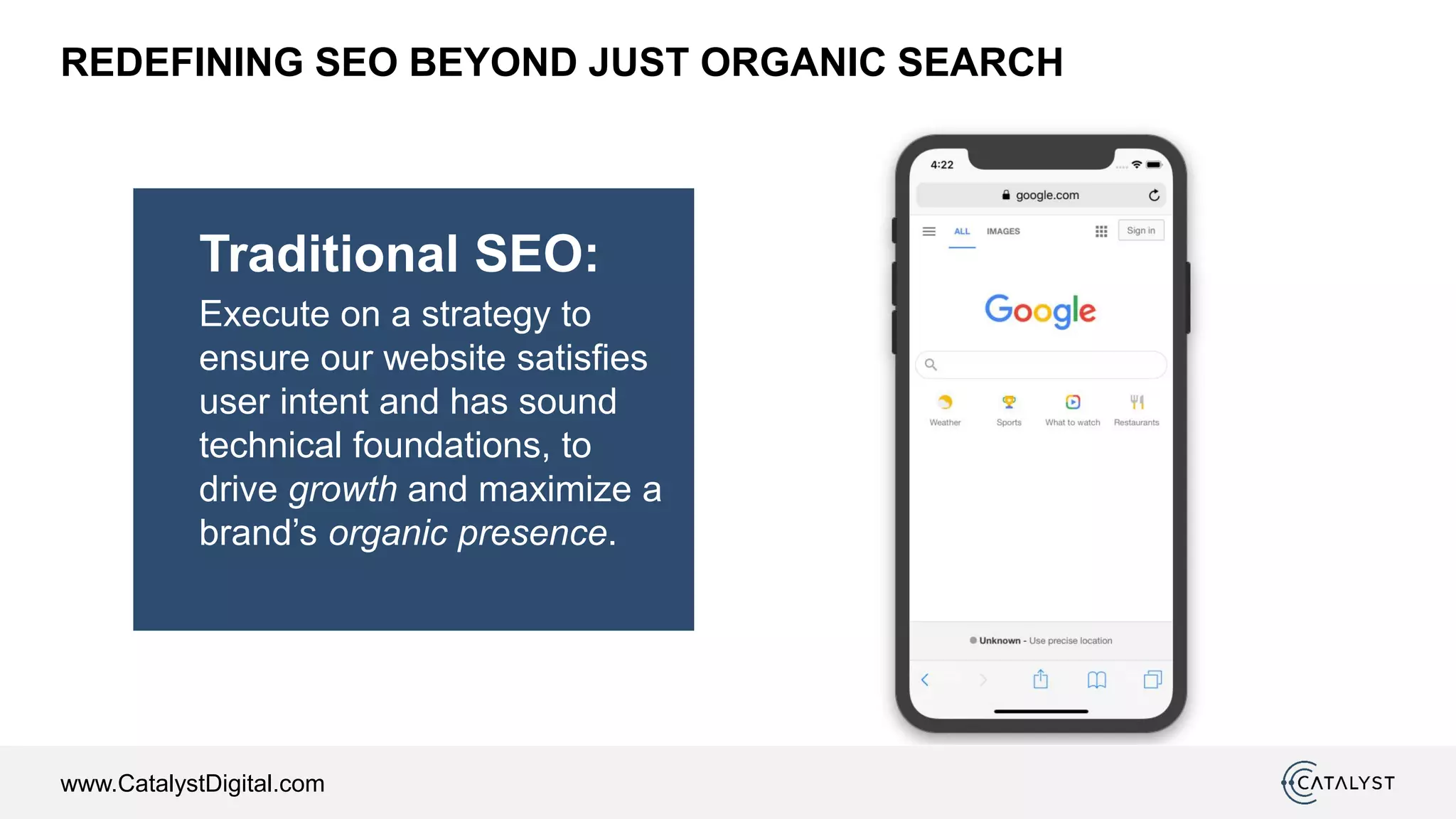 www.CatalystDigital.com
REDEFINING SEO BEYOND JUST ORGANIC SEARCH
Traditional SEO:
Execute on a strategy to
ensure our website satisfies
user intent and has sound
technical foundations, to
drive growth and maximize a
brand’s organic presence.
 
