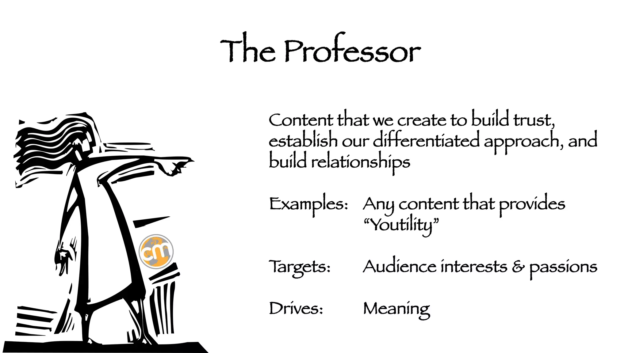 The Professor
Content that we create to build trust,
establish our differentiated approach, and
build relationships

Examples: 
Any content that provides



“Youtility”

T
argets:

Audience interests & passions 

Drives: 

Meaning

 