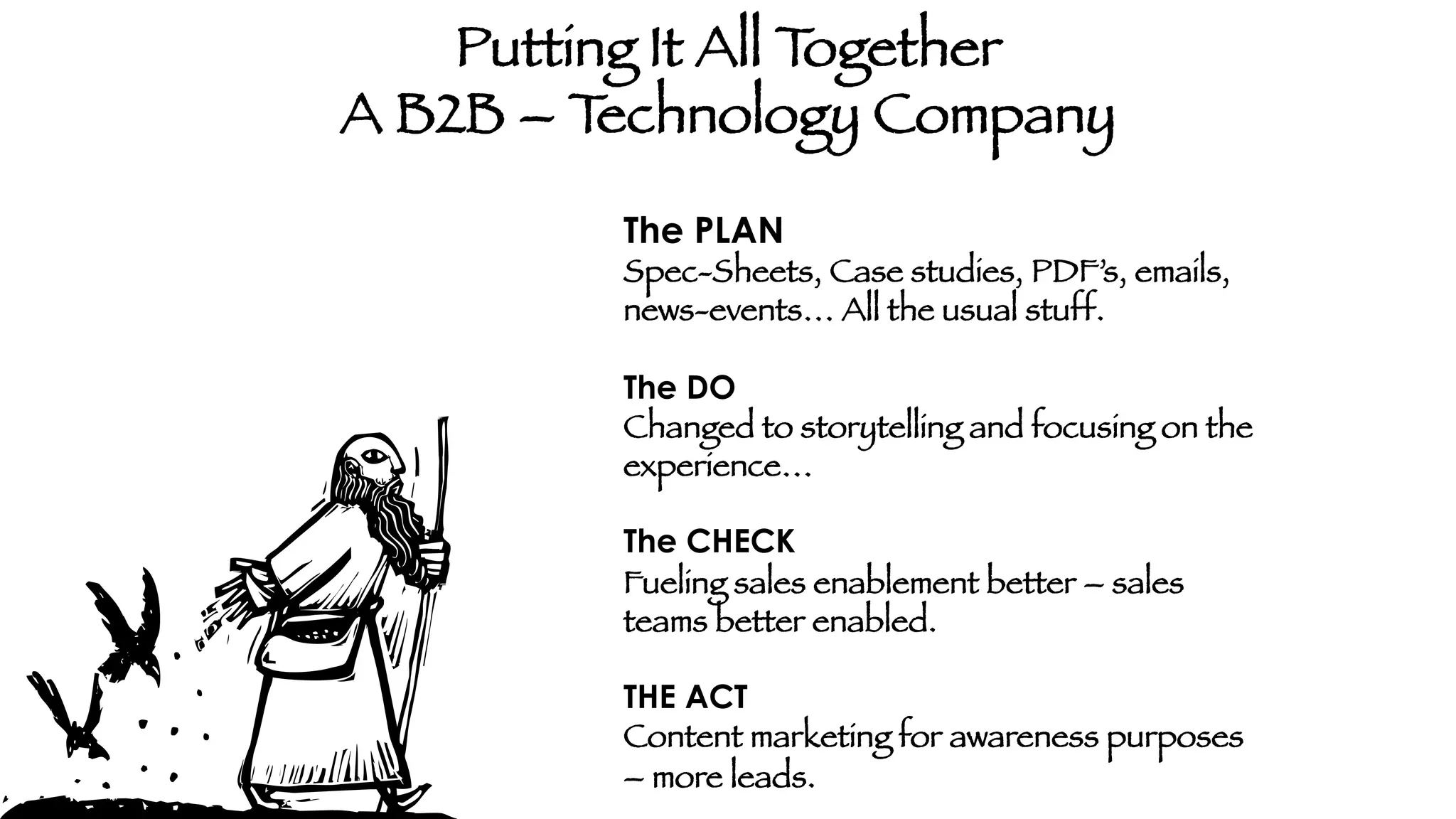 Putting It All T
ogether
A B2B – T
echnology Company
The PLAN
Spec-Sheets, Case studies, PDF’s, emails,
news-events… All the usual stuff.

The DO
Changed to storytelling and focusing on the
experience…

The CHECK
Fueling sales enablement better – sales
teams better enabled. 

THE ACT
Content marketing for awareness purposes
– more leads.

 
