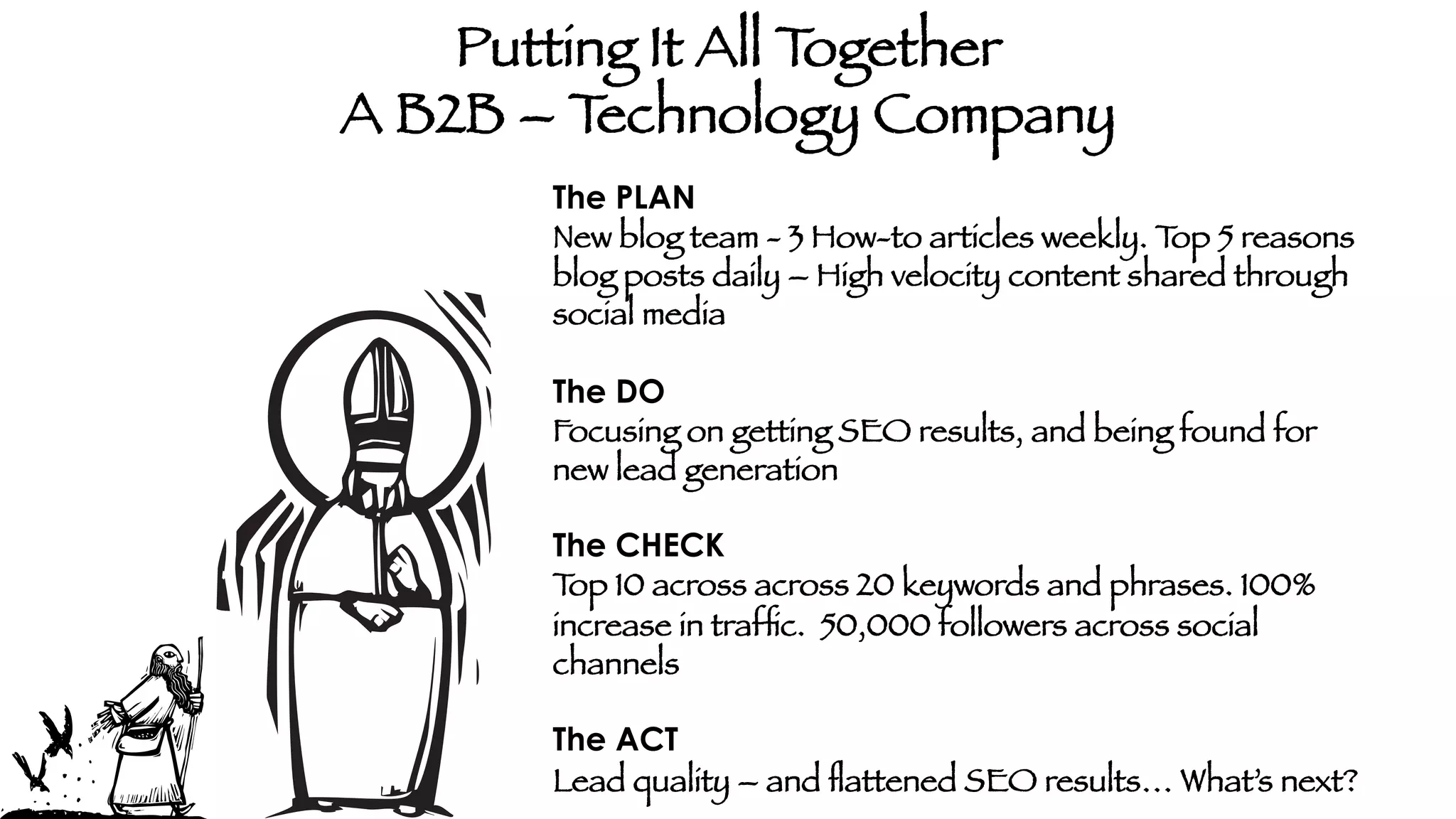 Putting It All T
ogether
A B2B – T
echnology Company
The PLAN
New blog team - 3 How-to articles weekly. T 5 reasons
op
blog posts daily – High velocity content shared through
social media

The DO
Focusing on getting SEO results, and being found for
new lead generation

The CHECK
T 10 across across 20 keywords and phrases. 100%
op
increase in trafﬁc. 50,000 followers across social
channels

The ACT
Lead quality – and ﬂattened SEO results… What’s next?

 