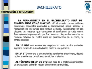 BACHILLERATO PROMOCIÓN Y TITULACIÓN LA PERMANENCIA EN EL BACHILLERATO SERÁ DE CUATRO AÑOS COMO MÁXIMO   (El alumnado con necesidades educativas especiales asociadas a discapacidad, podrá solicitar la realización de los cursos que forman la etapa, fraccionando en dos bloques las materias que componen el currículum de cada curso. Para quienes hayan optado por fraccionar en bloques las materias en número máximo de cuatro años de permanencia en la etapa, se amplia en dos). EN 1º BTO  una evaluación negativa en más de dos materias significa cursar de nuevo todas las materias de primero. EN 2º BTO  con una o dos materias pendientes de primero, deberá recibir enseñanzas de refuerzo en dichas materias. AL TÉRMINO DE 2º DE BTO  con más de 3 materias pendientes de evaluación, deberán repetir el curso en su totalidad.  