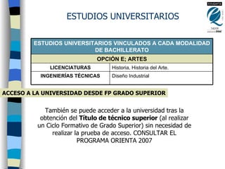 ESTUDIOS UNIVERSITARIOS ACCESO A LA UNIVERSIDAD DESDE FP GRADO SUPERIOR También se puede acceder a la universidad tras la obtención del  Título de técnico superior  (al realizar un Ciclo Formativo de Grado Superior) sin necesidad de realizar la prueba de acceso. CONSULTAR EL PROGRAMA ORIENTA 2007 Diseño Industrial INGENIERÍAS TÉCNICAS Historia, Historia del Arte. LICENCIATURAS OPCIÓN E; ARTES ESTUDIOS UNIVERSITARIOS VINCULADOS A CADA MODALIDAD DE BACHILLERATO 