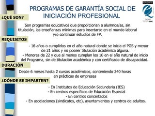 PROGRAMAS DE GARANTÍA SOCIAL  DE INICIACIÓN PROFESIONAL   ¿QUÉ SON?  Son programas educativos que proporcionan a alumnos/as, sin titulación, las enseñanzas mínimas para insertarse en el mundo laboral y/o continuar estudios de FP. DURACIÓN  Desde 6 meses hasta 2 cursos académicos, conteniendo 240 horas en prácticas de empresas REQUISITOS -  16 años o cumplirlos en el año natural donde se inicia el PGS y menor de 21 años y no poseer titulación académica alguna. - Menores  de 22 y que al menos cumplan los 16 en el año natural de inicio del Programa,  sin  de titulación académica y  con  certificado de discapacidad.   En Institutos de Educación Secundaria (IES) En centros específicos de Educación Especial En centros concertados En asociaciones (sindicatos, etc), ayuntamientos y centros de adultos.   ¿DÓNDE SE IMPARTEN? 