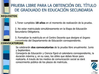 PRUEBA LIBRE PARA LA OBTENCIÓN DEL TÍTULO DE GRADUADO EN EDUCACIÓN SECUNDARIA 1.Tener cumplidos  18 años  en el momento de realización de la prueba.  2. No estar matriculado simultáneamente en la Etapa de Educación Secundaria Obligatoria.  3. Formalizar la matrícula en el Centro Docente que designe el órgano competente del Departamento de Educación correspondiente.  REQUISITOS Se celebrarán  dos convocatorias  de la prueba libre anualmente: Junio y Septiembre. Consejería de Educación y Ciencia fijará el calendario correspondiente, la duración máxima y, en su caso, los útiles que debes llevar para realizarla.   A través de los medios de comunicación social se dará conocimiento público de los plazos de matrícula.   CONVOCATORIAS 