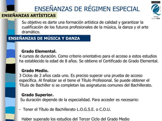 ENSEÑANZAS ARTÍSTICAS ENSEÑANZAS DE RÉGIMEN ESPECIAL Su objetivo es darte una formación artística de calidad y garantizar la cualificación de los futuros profesionales de la música, la danza y el arte dramático.   ENSEÑANZAS DE MÚSICA Y DANZA Grado Elemental. 4 cursos de duración. Como criterio orientativo para el acceso a estos estudios  ha establecido la edad de 8 años. Se obtiene el Certificado de Grado Elemental.  ·    Grado Medio. 3 Ciclos de 2 años cada uno. Es preciso superar una prueba de acceso específica. Al finalizar se el tiene el Título Profesional. Se puede obtener el Título de Bachiller si se completan las asignaturas comunes del Bachillerato.  ·    Grado Superior.   Su duración depende de la especialidad. Para acceder es necesario:    -  Tener el Título de Bachillerato L.O.G.S.E. o C.O.U.  O    Haber superado los estudios del Tercer Ciclo del Grado Medio  o    Superar una prueba específica de acceso.  Al finalizar se obtiene el Título Superior, equivalente a la Licenciatura Universitaria.  