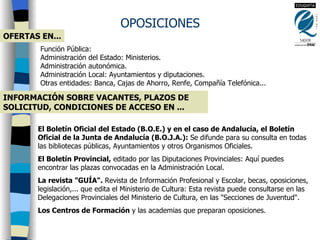 OPOSICIONES Función Pública:  Administración del Estado: Ministerios.  Administración autonómica.  Administración Local: Ayuntamientos y diputaciones.  Otras entidades: Banca, Cajas de Ahorro, Renfe, Compañía Telefónica...   OFERTAS EN... El Boletín Oficial del Estado (B.O.E.) y en el caso de Andalucía, el Boletín Oficial de la Junta de Andalucía (B.O.J.A.):  Se difunde para su consulta en todas las bibliotecas públicas, Ayuntamientos y otros Organismos Oficiales.  El Boletín Provincial,  editado por las Diputaciones Provinciales: Aquí puedes encontrar las plazas convocadas en la Administración Local.  La revista &quot;GUÍA&quot;.  Revista de Información Profesional y Escolar, becas, oposiciones, legislación,... que edita el Ministerio de Cultura: Esta revista puede consultarse en las Delegaciones Provinciales del Ministerio de Cultura, en las &quot;Secciones de Juventud&quot;.  Los Centros de Formación  y las academias que preparan oposiciones.  INFORMACIÓN SOBRE VACANTES, PLAZOS DE SOLICITUD, CONDICIONES DE ACCESO EN ... 