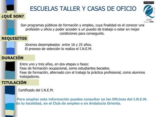 ESCUELAS TALLER Y CASAS DE OFICIO TITULACIÓN DURACIÓN ¿QUÉ SON? REQUISITOS Son programas públicos de formación y empleo, cuya finalidad es el conocer una profesión u oficio y poder acceder a un puesto de trabajo o estar en mejor condiciones para conseguirlo.   Jóvenes desempleados  entre 16 y 25 años.  El proceso de selección lo realiza el I.N.E.M.   Entre uno y tres años, en dos etapas o fases:  Fase de formación ocupacional, como estudiantes becados.  Fase de formación, alternado con el trabajo la práctica profesional, como alumnos trabajadores.  Certificado del I.N.E.M.     Para ampliar esta información puedes consultar en las Oficinas del I.N.E.M. de tu localidad, en el Club de empleo o en Andalucía Orienta.   