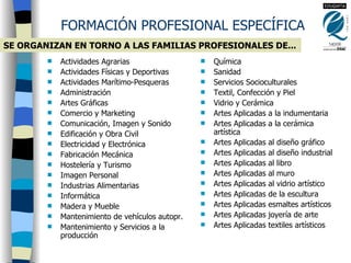 Actividades Agrarias Actividades Físicas y Deportivas Actividades Marítimo-Pesqueras Administración Artes Gráficas Comercio y Marketing Comunicación, Imagen y Sonido Edificación y Obra Civil Electricidad y Electrónica Fabricación Mecánica Hostelería y Turismo Imagen Personal Industrias Alimentarias Informática Madera y Mueble Mantenimiento de vehículos autopr. Mantenimiento y Servicios a la producción Química Sanidad Servicios Socioculturales Textil, Confección y Piel Vidrio y Cerámica Artes Aplicadas a la indumentaria Artes Aplicadas a la cerámica artística Artes Aplicadas al diseño gráfico Artes Aplicadas al diseño industrial Artes Aplicadas al libro Artes Aplicadas al muro Artes Aplicadas al vidrio artístico Artes Aplicadas de la escultura Artes Aplicadas esmaltes artísticos Artes Aplicadas joyería de arte Artes Aplicadas textiles artísticos FORMACIÓN PROFESIONAL ESPECÍFICA SE ORGANIZAN EN TORNO A LAS FAMILIAS PROFESIONALES DE...  