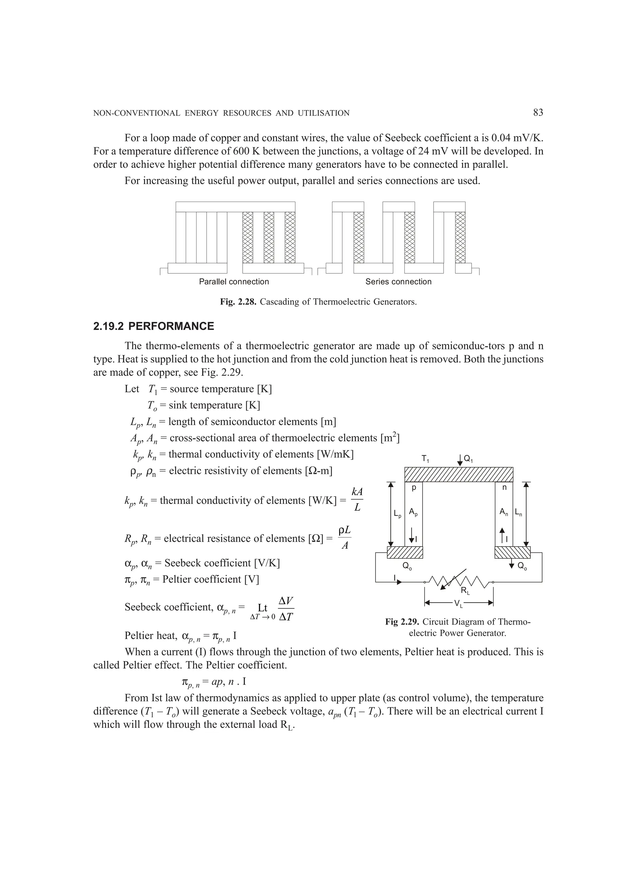 NON-CONVENTIONAL ENERGY RESOURCES AND UTILISATION 83
For a loop made of copper and constant wires, the value of Seebeck coefficient a is 0.04 mV/K.
For a temperature difference of 600 K between the junctions, a voltage of 24 mV will be developed. In
order to achieve higher potential difference many generators have to be connected in parallel.
For increasing the useful power output, parallel and series connections are used.
Parallel connection Series connection
Fig. 2.28. Cascading of Thermoelectric Generators.
2.19.2 PERFORMANCE
The thermo-elements of a thermoelectric generator are made up of semiconduc-tors p and n
type. Heat is supplied to the hot junction and from the cold junction heat is removed. Both the junctions
are made of copper, see Fig. 2.29.
Let T1 = source temperature [K]
To = sink temperature [K]
Lp, Ln = length of semiconductor elements [m]
Ap, An = cross-sectional area of thermoelectric elements [m2
]
kp, kn = thermal conductivity of elements [W/mK]
ρp, ρn = electric resistivity of elements [Ω-m]
kp, kn = thermal conductivity of elements [W/K] =
kA
L
Rp, Rn = electrical resistance of elements [Ω] =
L
A
ρ
αp, αn = Seebeck coefficient [V/K]
πp, πn = Peltier coefficient [V]
Seebeck coefficient, αp, n =
0
Lt
T
V
T
∆ →
∆
∆
Peltier heat, αp, n = πp, n I
When a current (I) flows through the junction of two elements, Peltier heat is produced. This is
called Peltier effect. The Peltier coefficient.
πp, n = ap, n . I
From Ist law of thermodynamics as applied to upper plate (as control volume), the temperature
difference (T1 – To) will generate a Seebeck voltage, apn (Tl – To). There will be an electrical current I
which will flow through the external load RL.
Fig 2.29. Circuit Diagram of Thermo-
electric Power Generator.
I
Ap
p
I
An
n
Q1
T1
RL
VL
I
Qo Qo
Lp
Ln
 