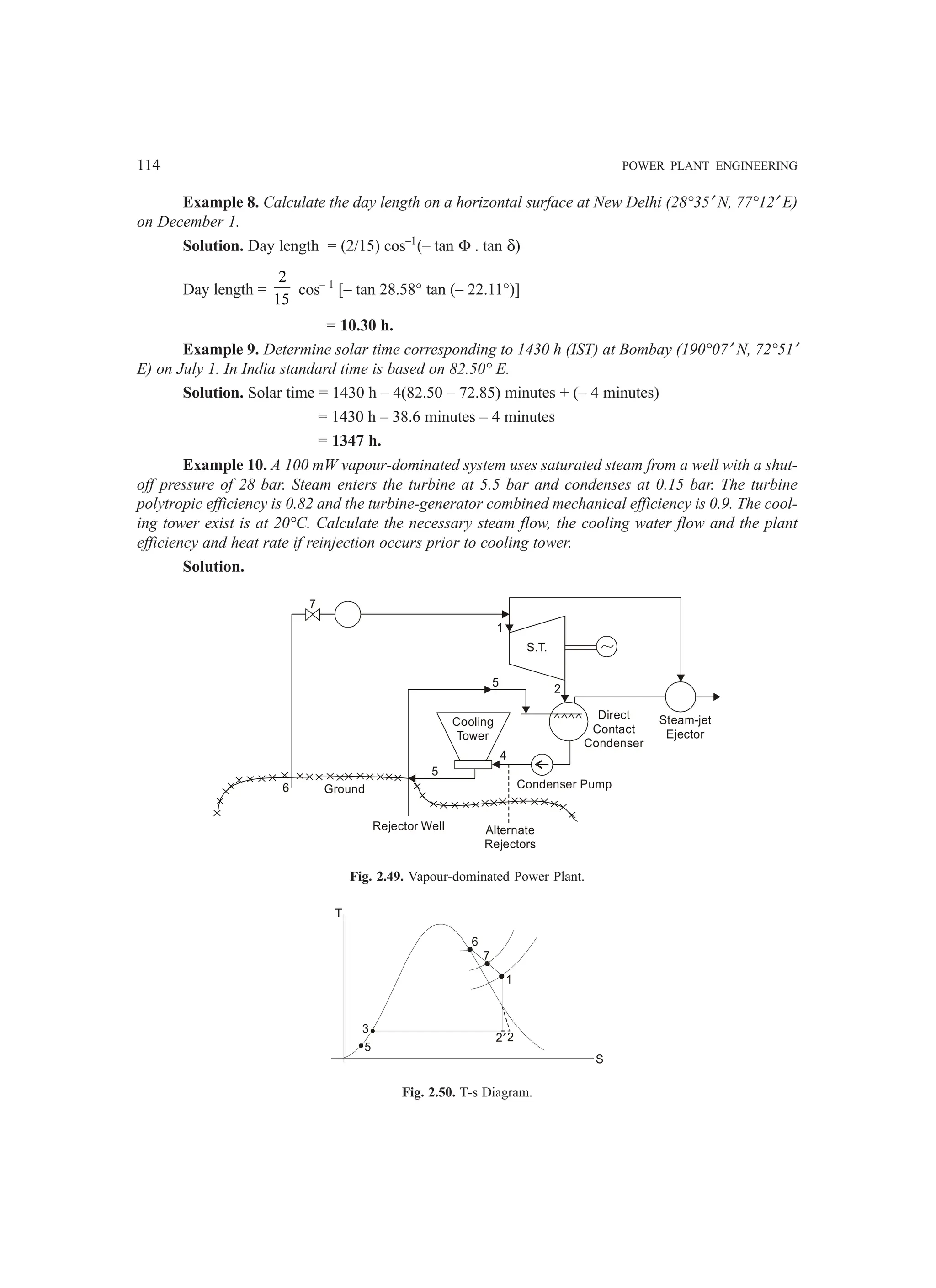 114 POWER PLANT ENGINEERING
Example 8. Calculate the day length on a horizontal surface at New Delhi (28°35′ N, 77°12′ E)
on December 1.
Solution. Day length = (2/15) cos–1
(– tan Φ . tan δ)
Day length =
2
15
cos– 1
[– tan 28.58° tan (– 22.11°)]
= 10.30 h.
Example 9. Determine solar time corresponding to 1430 h (IST) at Bombay (190°07′ N, 72°51′
E) on July 1. In India standard time is based on 82.50° E.
Solution. Solar time = 1430 h – 4(82.50 – 72.85) minutes + (– 4 minutes)
= 1430 h – 38.6 minutes – 4 minutes
= 1347 h.
Example 10. A 100 mW vapour-dominated system uses saturated steam from a well with a shut-
off pressure of 28 bar. Steam enters the turbine at 5.5 bar and condenses at 0.15 bar. The turbine
polytropic efficiency is 0.82 and the turbine-generator combined mechanical efficiency is 0.9. The cool-
ing tower exist is at 20°C. Calculate the necessary steam flow, the cooling water flow and the plant
efficiency and heat rate if reinjection occurs prior to cooling tower.
Solution.
7
1
S.T.
2
5
Cooling
Tower
Direct
Contact
Condenser
Steam-jet
Ejector
Condenser Pump
Alternate
Rejectors
Rejector Well
Ground
6
5
4
Fig. 2.49. Vapour-dominated Power Plant.
T
3
5
2′2
S
1
7
6
Fig. 2.50. T-s Diagram.
 