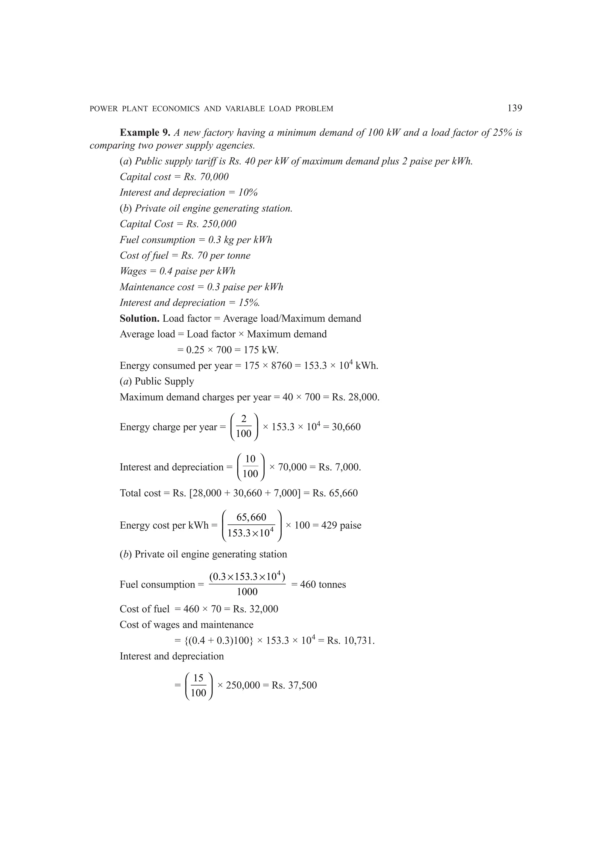 POWER PLANT ECONOMICS AND VARIABLE LOAD PROBLEM 139
Example 9. A new factory having a minimum demand of 100 kW and a load factor of 25% is
comparing two power supply agencies.
(a) Public supply tariff is Rs. 40 per kW of maximum demand plus 2 paise per kWh.
Capital cost = Rs. 70,000
Interest and depreciation = 10%
(b) Private oil engine generating station.
Capital Cost = Rs. 250,000
Fuel consumption = 0.3 kg per kWh
Cost of fuel = Rs. 70 per tonne
Wages = 0.4 paise per kWh
Maintenance cost = 0.3 paise per kWh
Interest and depreciation = 15%.
Solution. Load factor = Average load/Maximum demand
Average load = Load factor × Maximum demand
= 0.25 × 700 = 175 kW.
Energy consumed per year = 175 × 8760 = 153.3 × 104
kWh.
(a) Public Supply
Maximum demand charges per year = 40 × 700 = Rs. 28,000.
Energy charge per year =
2
100
 
 
 
× 153.3 × 104
= 30,660
Interest and depreciation =
10
100
 
 
 
× 70,000 = Rs. 7,000.
Total cost = Rs. [28,000 + 30,660 + 7,000] = Rs. 65,660
Energy cost per kWh = 4
65,660
153.3 10
 
 
×
 
× 100 = 429 paise
(b) Private oil engine generating station
Fuel consumption =
4
(0.3 153.3 10 )
1000
× ×
= 460 tonnes
Cost of fuel = 460 × 70 = Rs. 32,000
Cost of wages and maintenance
= {(0.4 + 0.3)100} × 153.3 × 104
= Rs. 10,731.
Interest and depreciation
=
15
100
 
 
 
× 250,000 = Rs. 37,500
 