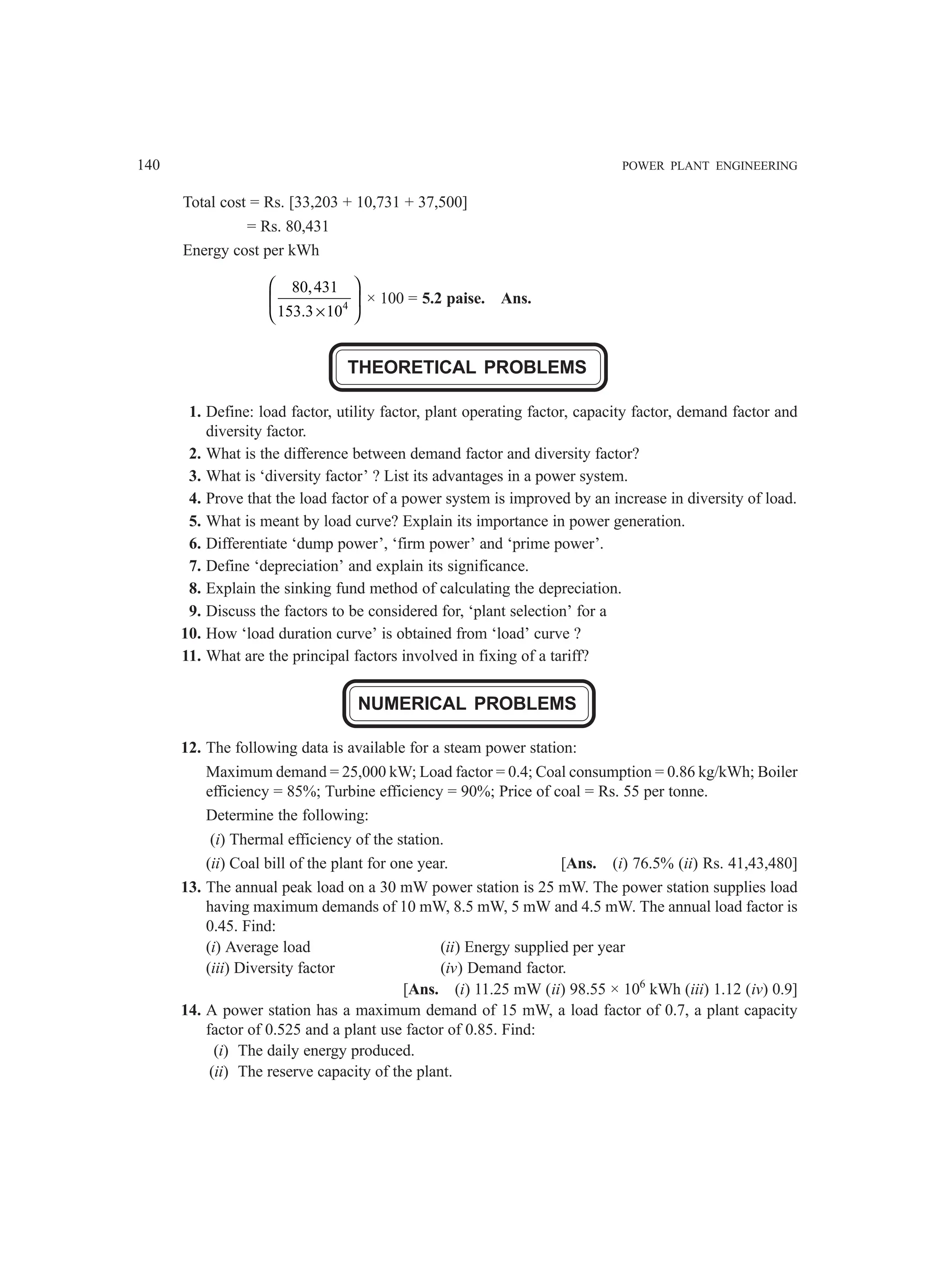 140 POWER PLANT ENGINEERING
Total cost = Rs. [33,203 + 10,731 + 37,500]
= Rs. 80,431
Energy cost per kWh
4
80,431
153.3 10
 
 
×
 
× 100 = 5.2 paise. Ans.
THEORETICAL PROBLEMS
1. Define: load factor, utility factor, plant operating factor, capacity factor, demand factor and
diversity factor.
2. What is the difference between demand factor and diversity factor?
3. What is ‘diversity factor’ ? List its advantages in a power system.
4. Prove that the load factor of a power system is improved by an increase in diversity of load.
5. What is meant by load curve? Explain its importance in power generation.
6. Differentiate ‘dump power’, ‘firm power’ and ‘prime power’.
7. Define ‘depreciation’ and explain its significance.
8. Explain the sinking fund method of calculating the depreciation.
9. Discuss the factors to be considered for, ‘plant selection’ for a
10. How ‘load duration curve’ is obtained from ‘load’ curve ?
11. What are the principal factors involved in fixing of a tariff?
NUMERICAL PROBLEMS
12. The following data is available for a steam power station:
Maximum demand = 25,000 kW; Load factor = 0.4; Coal consumption = 0.86 kg/kWh; Boiler
efficiency = 85%; Turbine efficiency = 90%; Price of coal = Rs. 55 per tonne.
Determine the following:
(i) Thermal efficiency of the station.
(ii) Coal bill of the plant for one year. [Ans. (i) 76.5% (ii) Rs. 41,43,480]
13. The annual peak load on a 30 mW power station is 25 mW. The power station supplies load
having maximum demands of 10 mW, 8.5 mW, 5 mW and 4.5 mW. The annual load factor is
0.45. Find:
(i) Average load (ii) Energy supplied per year
(iii) Diversity factor (iv) Demand factor.
[Ans. (i) 11.25 mW (ii) 98.55 × 106
kWh (iii) 1.12 (iv) 0.9]
14. A power station has a maximum demand of 15 mW, a load factor of 0.7, a plant capacity
factor of 0.525 and a plant use factor of 0.85. Find:
(i) The daily energy produced.
(ii) The reserve capacity of the plant.
 