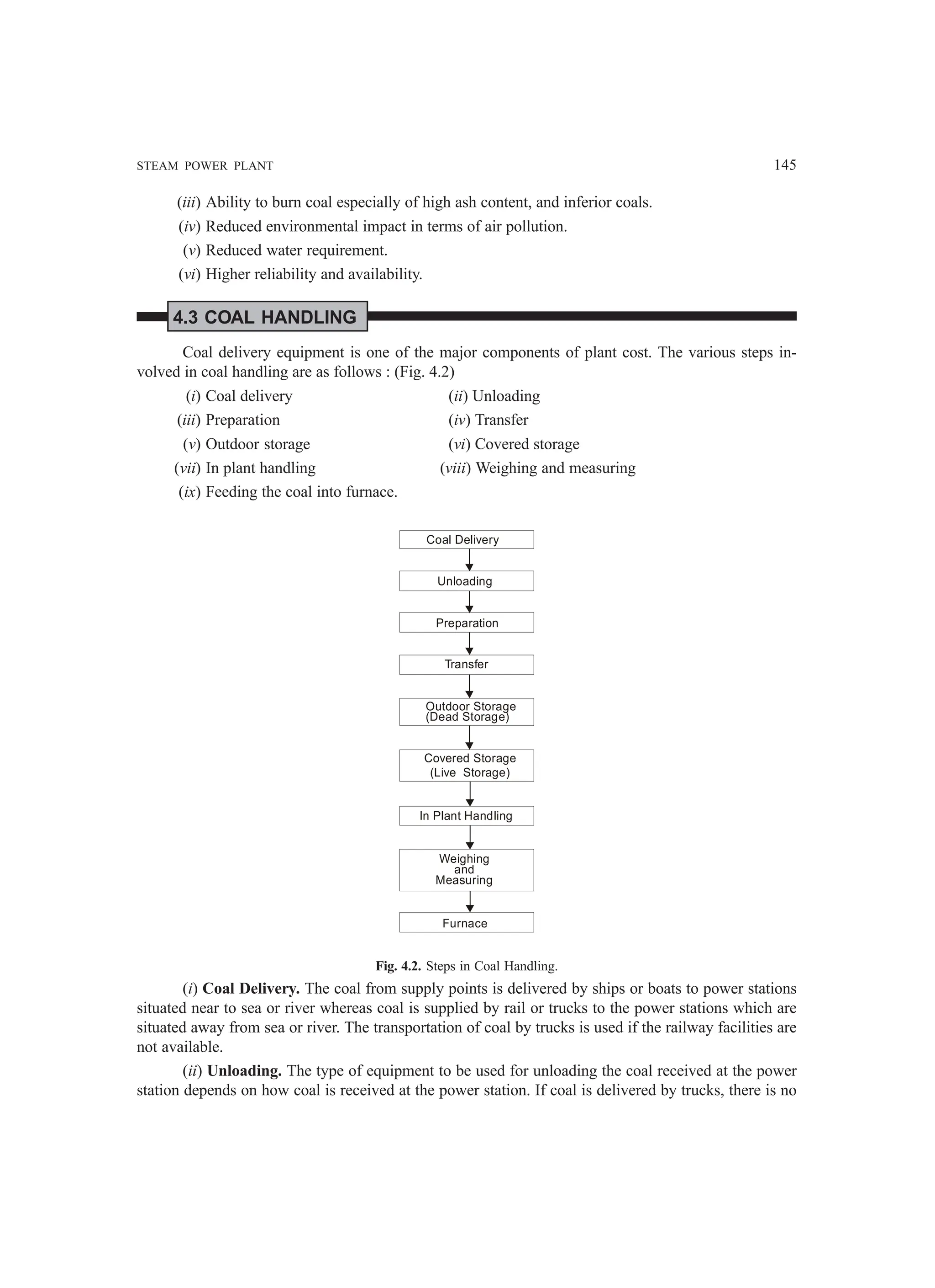 STEAM POWER PLANT 145
(iii) Ability to burn coal especially of high ash content, and inferior coals.
(iv) Reduced environmental impact in terms of air pollution.
(v) Reduced water requirement.
(vi) Higher reliability and availability.
4.3 COAL HANDLING
Coal delivery equipment is one of the major components of plant cost. The various steps in-
volved in coal handling are as follows : (Fig. 4.2)
(i) Coal delivery (ii) Unloading
(iii) Preparation (iv) Transfer
(v) Outdoor storage (vi) Covered storage
(vii) In plant handling (viii) Weighing and measuring
(ix) Feeding the coal into furnace.
Coal Delivery
Unloading
Preparation
Transfer
Outdoor Storage
(Dead Storage)
Covered Storage
(Live Storage)
Weighing
and
Measuring
Furnace
In Plant Handling
Fig. 4.2. Steps in Coal Handling.
(i) Coal Delivery. The coal from supply points is delivered by ships or boats to power stations
situated near to sea or river whereas coal is supplied by rail or trucks to the power stations which are
situated away from sea or river. The transportation of coal by trucks is used if the railway facilities are
not available.
(ii) Unloading. The type of equipment to be used for unloading the coal received at the power
station depends on how coal is received at the power station. If coal is delivered by trucks, there is no
 