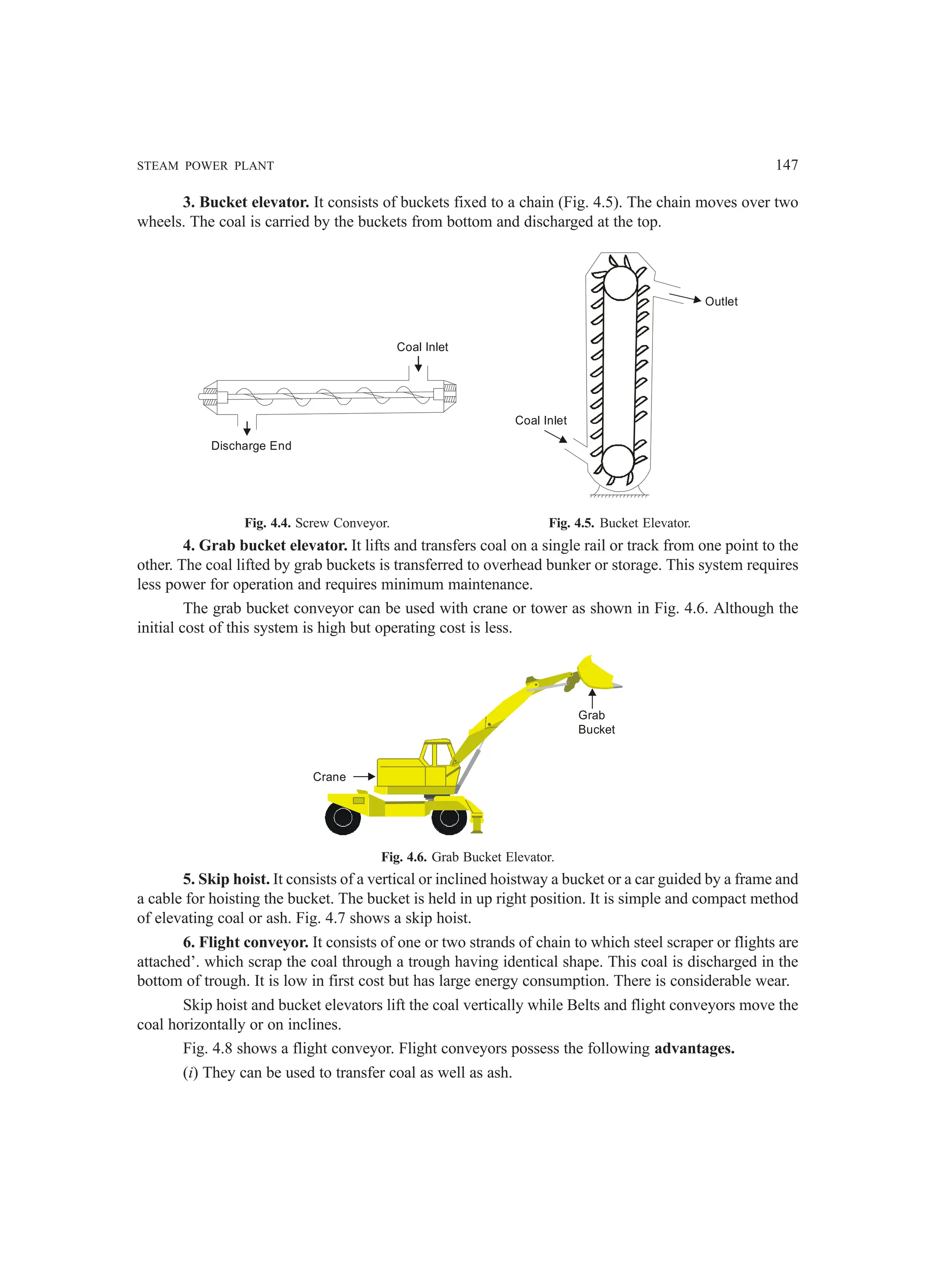 STEAM POWER PLANT 147
3. Bucket elevator. It consists of buckets fixed to a chain (Fig. 4.5). The chain moves over two
wheels. The coal is carried by the buckets from bottom and discharged at the top.
Coal Inlet
Discharge End
Outlet
Coal Inlet
Fig. 4.4. Screw Conveyor. Fig. 4.5. Bucket Elevator.
4. Grab bucket elevator. It lifts and transfers coal on a single rail or track from one point to the
other. The coal lifted by grab buckets is transferred to overhead bunker or storage. This system requires
less power for operation and requires minimum maintenance.
The grab bucket conveyor can be used with crane or tower as shown in Fig. 4.6. Although the
initial cost of this system is high but operating cost is less.
Crane
Grab
Bucket
Fig. 4.6. Grab Bucket Elevator.
5. Skip hoist. It consists of a vertical or inclined hoistway a bucket or a car guided by a frame and
a cable for hoisting the bucket. The bucket is held in up right position. It is simple and compact method
of elevating coal or ash. Fig. 4.7 shows a skip hoist.
6. Flight conveyor. It consists of one or two strands of chain to which steel scraper or flights are
attached’. which scrap the coal through a trough having identical shape. This coal is discharged in the
bottom of trough. It is low in first cost but has large energy consumption. There is considerable wear.
Skip hoist and bucket elevators lift the coal vertically while Belts and flight conveyors move the
coal horizontally or on inclines.
Fig. 4.8 shows a flight conveyor. Flight conveyors possess the following advantages.
(i) They can be used to transfer coal as well as ash.
 