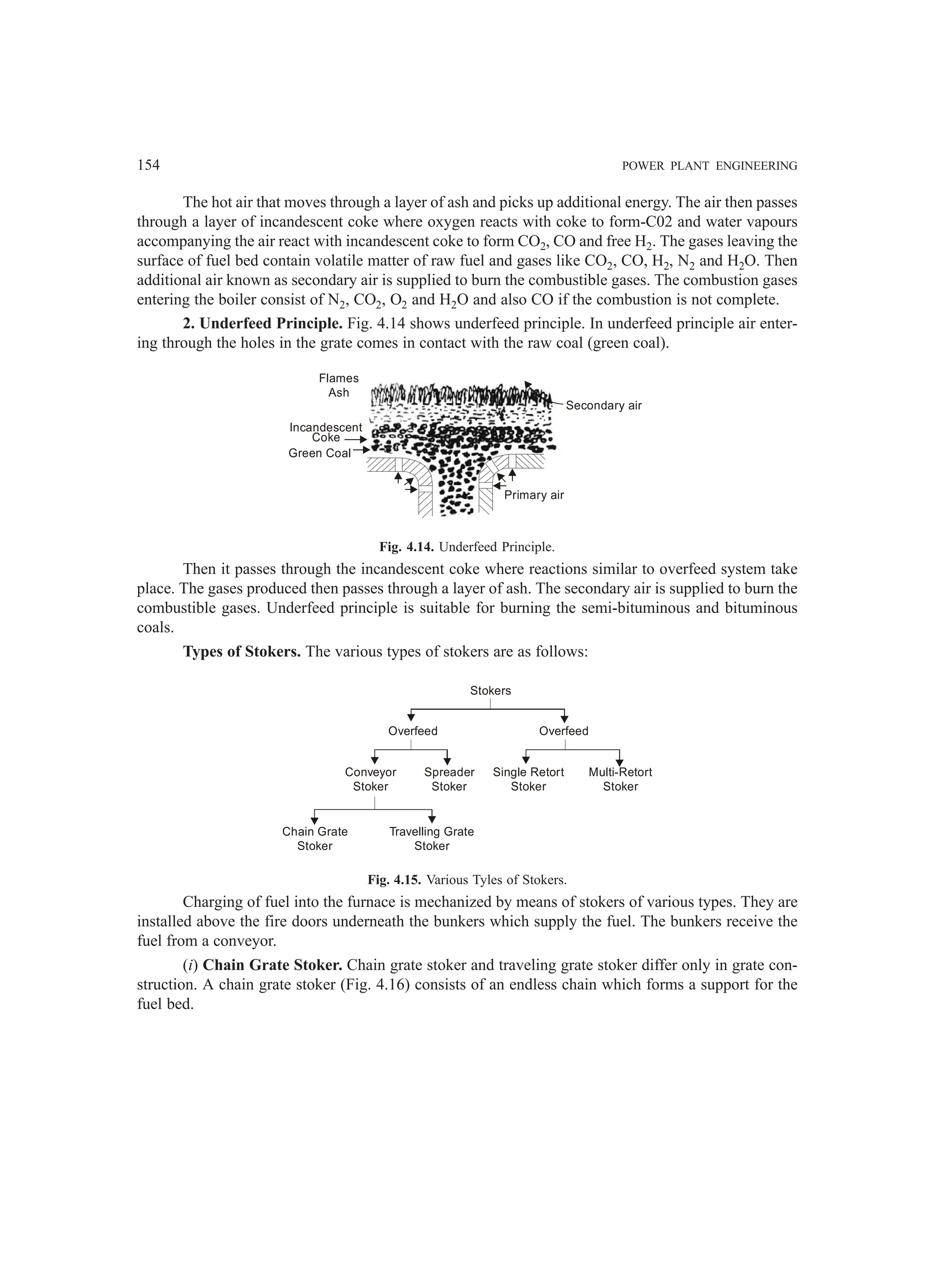 154 POWER PLANT ENGINEERING
The hot air that moves through a layer of ash and picks up additional energy. The air then passes
through a layer of incandescent coke where oxygen reacts with coke to form-C02 and water vapours
accompanying the air react with incandescent coke to form CO2, CO and free H2. The gases leaving the
surface of fuel bed contain volatile matter of raw fuel and gases like CO2, CO, H2, N2 and H2O. Then
additional air known as secondary air is supplied to burn the combustible gases. The combustion gases
entering the boiler consist of N2, CO2, O2 and H2O and also CO if the combustion is not complete.
2. Underfeed Principle. Fig. 4.14 shows underfeed principle. In underfeed principle air enter-
ing through the holes in the grate comes in contact with the raw coal (green coal).
Fig. 4.14. Underfeed Principle.
Then it passes through the incandescent coke where reactions similar to overfeed system take
place. The gases produced then passes through a layer of ash. The secondary air is supplied to burn the
combustible gases. Underfeed principle is suitable for burning the semi-bituminous and bituminous
coals.
Types of Stokers. The various types of stokers are as follows:
Stokers
Overfeed Overfeed
Conveyor
Stoker
Spreader
Stoker
Single Retort
Stoker
Multi-Retort
Stoker
Chain Grate
Stoker
Travelling Grate
Stoker
Fig. 4.15. Various Tyles of Stokers.
Charging of fuel into the furnace is mechanized by means of stokers of various types. They are
installed above the fire doors underneath the bunkers which supply the fuel. The bunkers receive the
fuel from a conveyor.
(i) Chain Grate Stoker. Chain grate stoker and traveling grate stoker differ only in grate con-
struction. A chain grate stoker (Fig. 4.16) consists of an endless chain which forms a support for the
fuel bed.
Primary air
Secondary air
Incandescent
Coke
Green Coal
Flames
Ash
 