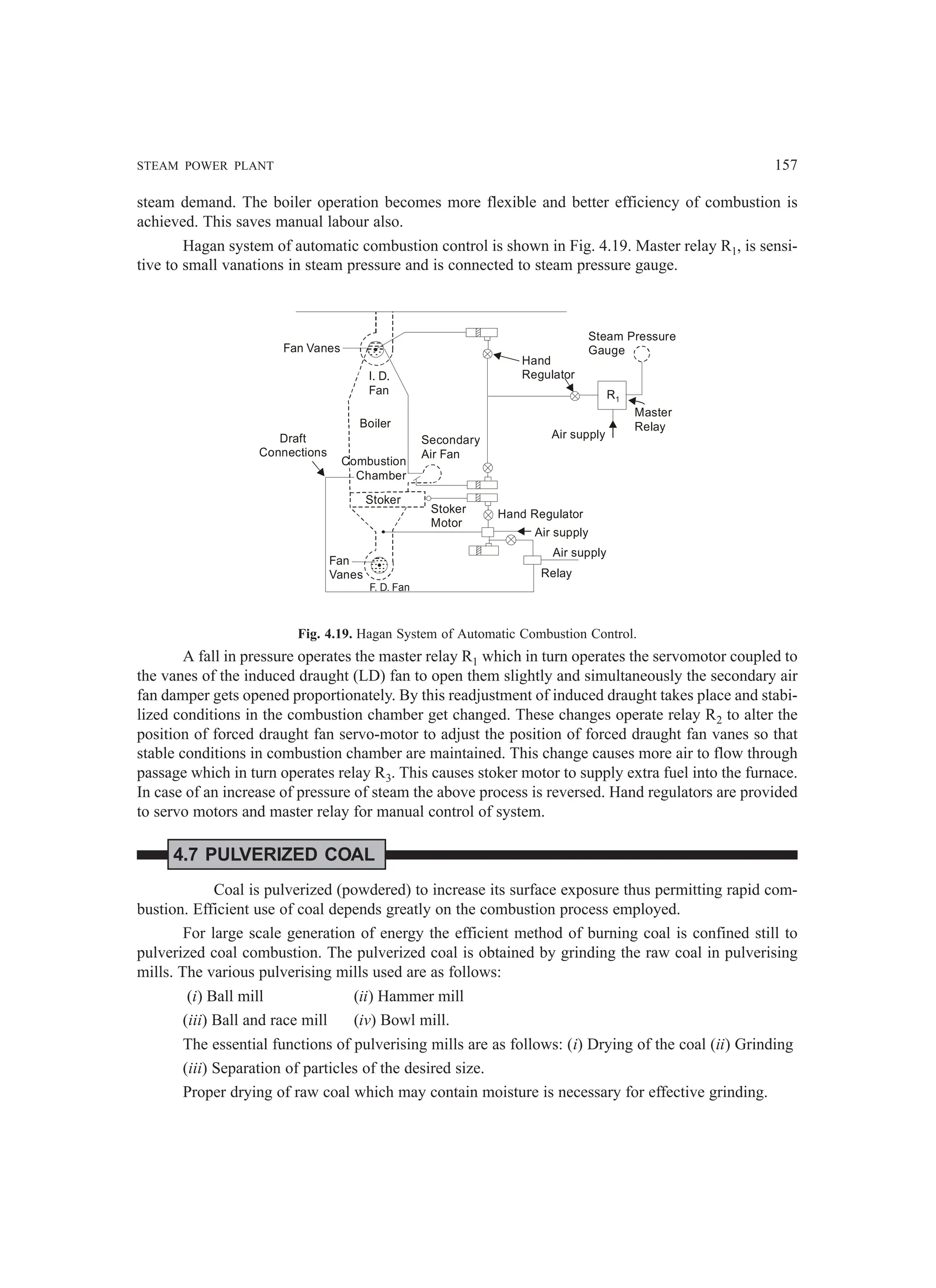 STEAM POWER PLANT 157
steam demand. The boiler operation becomes more flexible and better efficiency of combustion is
achieved. This saves manual labour also.
Hagan system of automatic combustion control is shown in Fig. 4.19. Master relay R1, is sensi-
tive to small vanations in steam pressure and is connected to steam pressure gauge.
Boiler
Combustion
Chamber
Stoker
Draft
Connections
Fan Vanes
Fan
Vanes
Stoker
Motor
Hand Regulator
Air supply
Air supply
Relay
Air supply
Master
Relay
Steam Pressure
Gauge
Hand
Regulator
Secondary
Air Fan
I. D.
Fan
F. D. Fan
R1
Fig. 4.19. Hagan System of Automatic Combustion Control.
A fall in pressure operates the master relay R1 which in turn operates the servomotor coupled to
the vanes of the induced draught (LD) fan to open them slightly and simultaneously the secondary air
fan damper gets opened proportionately. By this readjustment of induced draught takes place and stabi-
lized conditions in the combustion chamber get changed. These changes operate relay R2 to alter the
position of forced draught fan servo-motor to adjust the position of forced draught fan vanes so that
stable conditions in combustion chamber are maintained. This change causes more air to flow through
passage which in turn operates relay R3. This causes stoker motor to supply extra fuel into the furnace.
In case of an increase of pressure of steam the above process is reversed. Hand regulators are provided
to servo motors and master relay for manual control of system.
4.7 PULVERIZED COAL
Coal is pulverized (powdered) to increase its surface exposure thus permitting rapid com-
bustion. Efficient use of coal depends greatly on the combustion process employed.
For large scale generation of energy the efficient method of burning coal is confined still to
pulverized coal combustion. The pulverized coal is obtained by grinding the raw coal in pulverising
mills. The various pulverising mills used are as follows:
(i) Ball mill (ii) Hammer mill
(iii) Ball and race mill (iv) Bowl mill.
The essential functions of pulverising mills are as follows: (i) Drying of the coal (ii) Grinding
(iii) Separation of particles of the desired size.
Proper drying of raw coal which may contain moisture is necessary for effective grinding.
 
