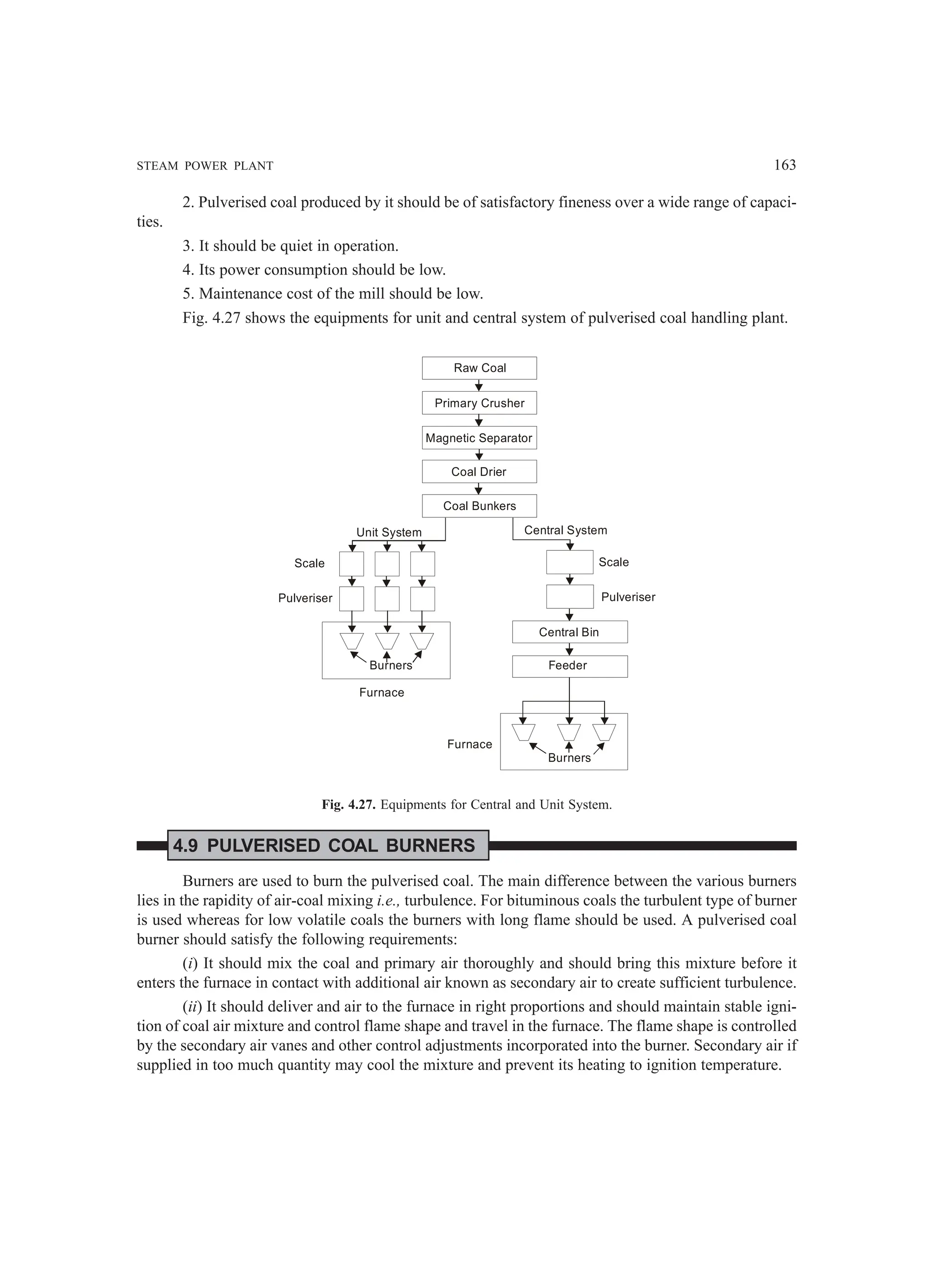 STEAM POWER PLANT 163
2. Pulverised coal produced by it should be of satisfactory fineness over a wide range of capaci-
ties.
3. It should be quiet in operation.
4. Its power consumption should be low.
5. Maintenance cost of the mill should be low.
Fig. 4.27 shows the equipments for unit and central system of pulverised coal handling plant.
Raw Coal
Primary Crusher
Magnetic Separator
Coal Drier
Coal Bunkers
Unit System Central System
Scale
Scale
Pulveriser
Furnace
Burners
Furnace
Pulveriser
Central Bin
Feeder
Burners
Fig. 4.27. Equipments for Central and Unit System.
4.9 PULVERISED COAL BURNERS
Burners are used to burn the pulverised coal. The main difference between the various burners
lies in the rapidity of air-coal mixing i.e., turbulence. For bituminous coals the turbulent type of burner
is used whereas for low volatile coals the burners with long flame should be used. A pulverised coal
burner should satisfy the following requirements:
(i) It should mix the coal and primary air thoroughly and should bring this mixture before it
enters the furnace in contact with additional air known as secondary air to create sufficient turbulence.
(ii) It should deliver and air to the furnace in right proportions and should maintain stable igni-
tion of coal air mixture and control flame shape and travel in the furnace. The flame shape is controlled
by the secondary air vanes and other control adjustments incorporated into the burner. Secondary air if
supplied in too much quantity may cool the mixture and prevent its heating to ignition temperature.
 