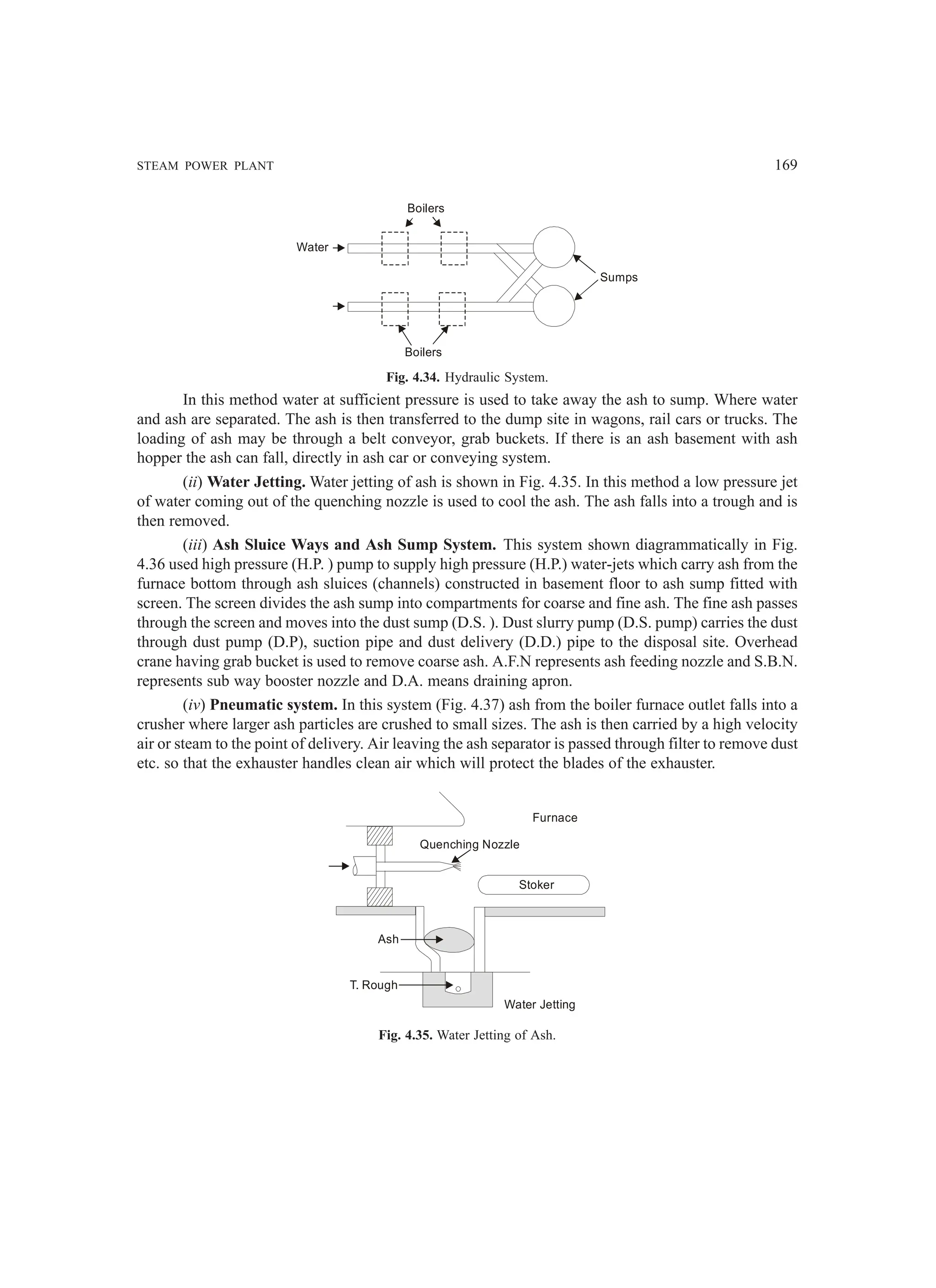 STEAM POWER PLANT 169
Boilers
Water
Boilers
Sumps
Fig. 4.34. Hydraulic System.
In this method water at sufficient pressure is used to take away the ash to sump. Where water
and ash are separated. The ash is then transferred to the dump site in wagons, rail cars or trucks. The
loading of ash may be through a belt conveyor, grab buckets. If there is an ash basement with ash
hopper the ash can fall, directly in ash car or conveying system.
(ii) Water Jetting. Water jetting of ash is shown in Fig. 4.35. In this method a low pressure jet
of water coming out of the quenching nozzle is used to cool the ash. The ash falls into a trough and is
then removed.
(iii) Ash Sluice Ways and Ash Sump System. This system shown diagrammatically in Fig.
4.36 used high pressure (H.P. ) pump to supply high pressure (H.P.) water-jets which carry ash from the
furnace bottom through ash sluices (channels) constructed in basement floor to ash sump fitted with
screen. The screen divides the ash sump into compartments for coarse and fine ash. The fine ash passes
through the screen and moves into the dust sump (D.S. ). Dust slurry pump (D.S. pump) carries the dust
through dust pump (D.P), suction pipe and dust delivery (D.D.) pipe to the disposal site. Overhead
crane having grab bucket is used to remove coarse ash. A.F.N represents ash feeding nozzle and S.B.N.
represents sub way booster nozzle and D.A. means draining apron.
(iv) Pneumatic system. In this system (Fig. 4.37) ash from the boiler furnace outlet falls into a
crusher where larger ash particles are crushed to small sizes. The ash is then carried by a high velocity
air or steam to the point of delivery. Air leaving the ash separator is passed through filter to remove dust
etc. so that the exhauster handles clean air which will protect the blades of the exhauster.
Furnace
Stoker
Quenching Nozzle
Ash
T. Rough
Water Jetting
Fig. 4.35. Water Jetting of Ash.
 