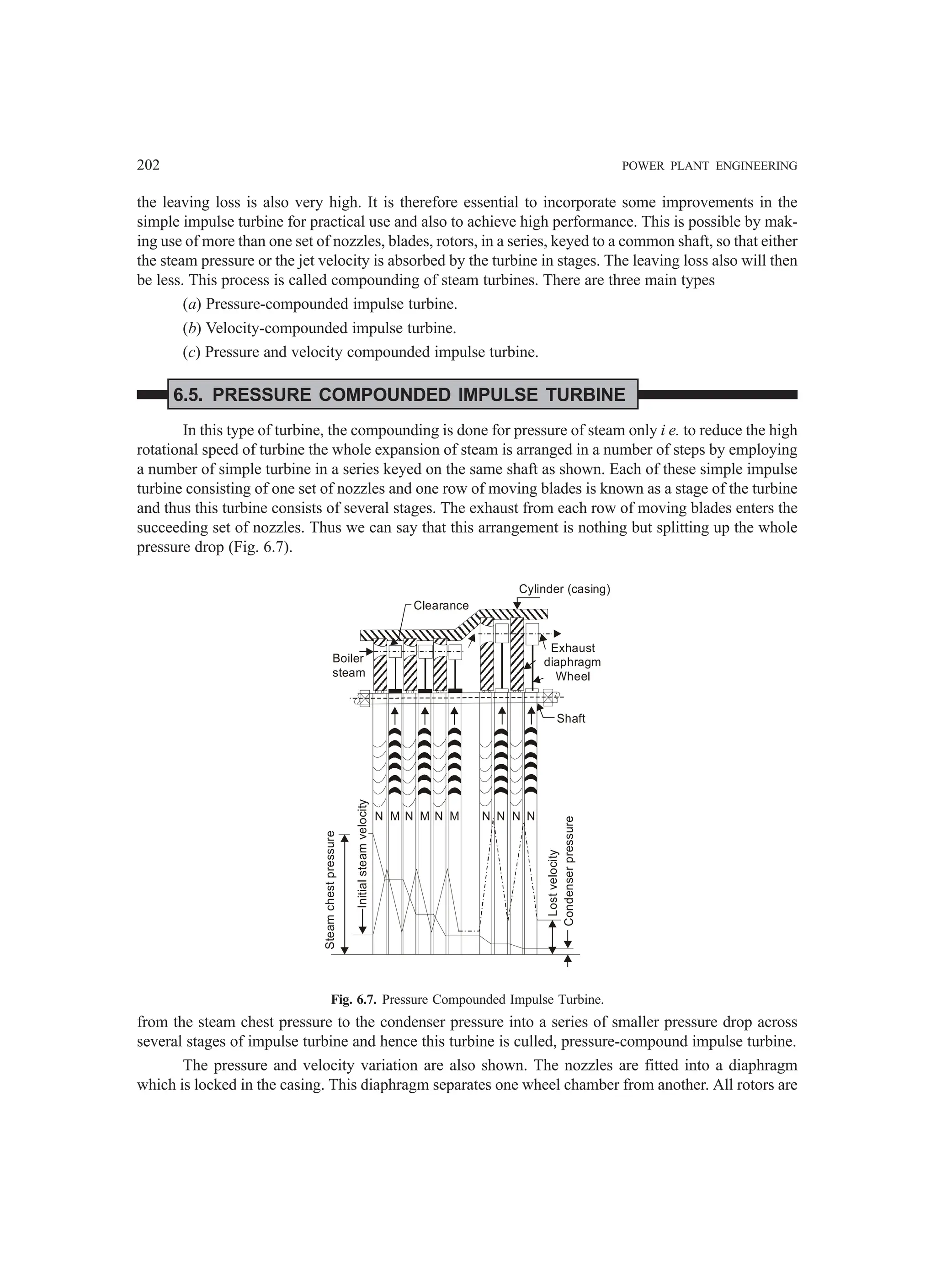 202 POWER PLANT ENGINEERING
the leaving loss is also very high. It is therefore essential to incorporate some improvements in the
simple impulse turbine for practical use and also to achieve high performance. This is possible by mak-
ing use of more than one set of nozzles, blades, rotors, in a series, keyed to a common shaft, so that either
the steam pressure or the jet velocity is absorbed by the turbine in stages. The leaving loss also will then
be less. This process is called compounding of steam turbines. There are three main types
(a) Pressure-compounded impulse turbine.
(b) Velocity-compounded impulse turbine.
(c) Pressure and velocity compounded impulse turbine.
6.5. PRESSURE COMPOUNDED IMPULSE TURBINE
In this type of turbine, the compounding is done for pressure of steam only i e. to reduce the high
rotational speed of turbine the whole expansion of steam is arranged in a number of steps by employing
a number of simple turbine in a series keyed on the same shaft as shown. Each of these simple impulse
turbine consisting of one set of nozzles and one row of moving blades is known as a stage of the turbine
and thus this turbine consists of several stages. The exhaust from each row of moving blades enters the
succeeding set of nozzles. Thus we can say that this arrangement is nothing but splitting up the whole
pressure drop (Fig. 6.7).
Steam
chest
pressure
Initial
steam
velocity
Boiler
steam
Clearance
Cylinder (casing)
Exhaust
diaphragm
Wheel
Shaft
Lost
velocity
Condenser
pressure
N M N M N M N N N N
Fig. 6.7. Pressure Compounded Impulse Turbine.
from the steam chest pressure to the condenser pressure into a series of smaller pressure drop across
several stages of impulse turbine and hence this turbine is culled, pressure-compound impulse turbine.
The pressure and velocity variation are also shown. The nozzles are fitted into a diaphragm
which is locked in the casing. This diaphragm separates one wheel chamber from another. All rotors are
 