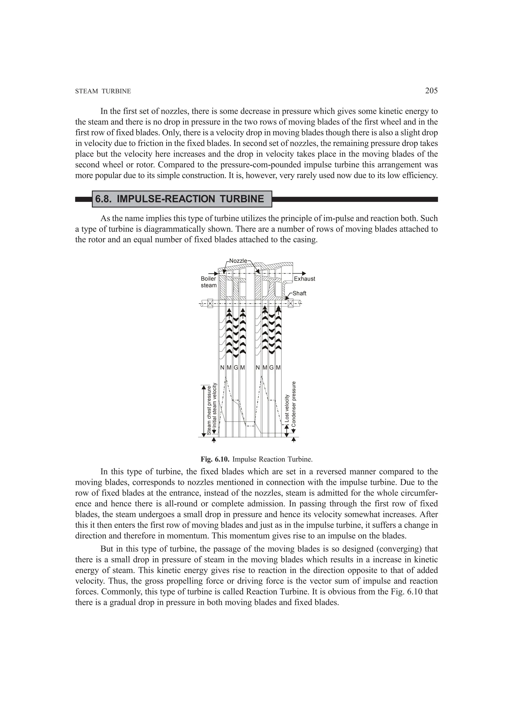 STEAM TURBINE 205
In the first set of nozzles, there is some decrease in pressure which gives some kinetic energy to
the steam and there is no drop in pressure in the two rows of moving blades of the first wheel and in the
first row of fixed blades. Only, there is a velocity drop in moving blades though there is also a slight drop
in velocity due to friction in the fixed blades. In second set of nozzles, the remaining pressure drop takes
place but the velocity here increases and the drop in velocity takes place in the moving blades of the
second wheel or rotor. Compared to the pressure-com-pounded impulse turbine this arrangement was
more popular due to its simple construction. It is, however, very rarely used now due to its low efficiency.
6.8. IMPULSE-REACTION TURBINE
As the name implies this type of turbine utilizes the principle of im-pulse and reaction both. Such
a type of turbine is diagrammatically shown. There are a number of rows of moving blades attached to
the rotor and an equal number of fixed blades attached to the casing.
Boiler
steam
Nozzle
Exhaust
Shaft
M
G
M
N
M
G
M
N
Steam
chest
pressure
Initial
steam
velocity
Lost
velocity
Condenser
pressure
Fig. 6.10. Impulse Reaction Turbine.
In this type of turbine, the fixed blades which are set in a reversed manner compared to the
moving blades, corresponds to nozzles mentioned in connection with the impulse turbine. Due to the
row of fixed blades at the entrance, instead of the nozzles, steam is admitted for the whole circumfer-
ence and hence there is all-round or complete admission. In passing through the first row of fixed
blades, the steam undergoes a small drop in pressure and hence its velocity somewhat increases. After
this it then enters the first row of moving blades and just as in the impulse turbine, it suffers a change in
direction and therefore in momentum. This momentum gives rise to an impulse on the blades.
But in this type of turbine, the passage of the moving blades is so designed (converging) that
there is a small drop in pressure of steam in the moving blades which results in a increase in kinetic
energy of steam. This kinetic energy gives rise to reaction in the direction opposite to that of added
velocity. Thus, the gross propelling force or driving force is the vector sum of impulse and reaction
forces. Commonly, this type of turbine is called Reaction Turbine. It is obvious from the Fig. 6.10 that
there is a gradual drop in pressure in both moving blades and fixed blades.
 