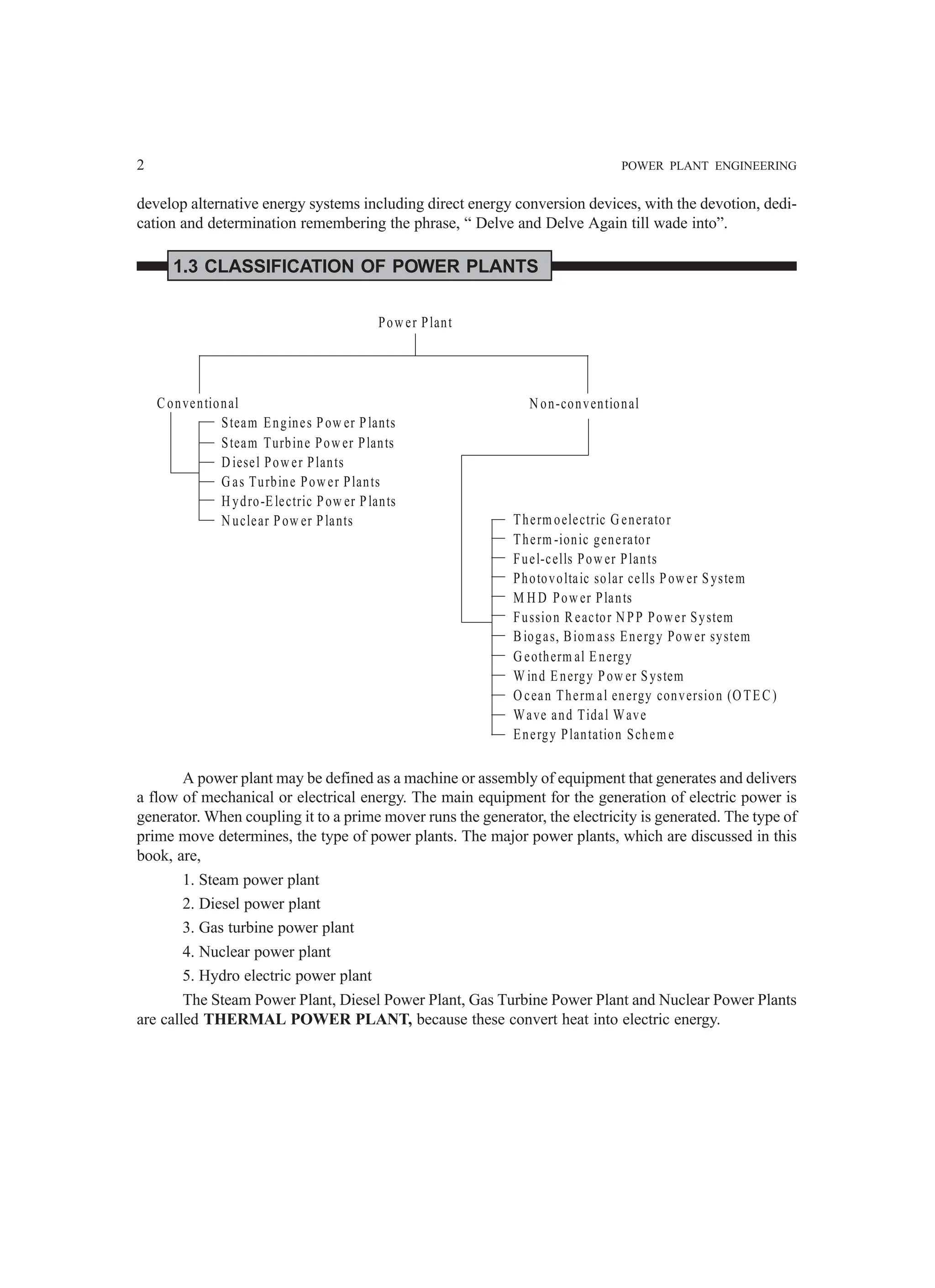 2 POWER PLANT ENGINEERING
develop alternative energy systems including direct energy conversion devices, with the devotion, dedi-
cation and determination remembering the phrase, “ Delve and Delve Again till wade into”.
1.3 CLASSIFICATION OF POWER PLANTS
Power Plant
Conventional Non-conventional
Steam Engines Pow er Plants
Steam Turbine Power Plants
Diesel Power Plants
Gas Turbine Power Plants
Hydro-Electric Pow er Plants
Nuclear Pow er Plants Therm oelectric Generator
Therm -ionic generator
Fuel-cells Power Plants
Photovoltaic solar cells Power System
M HD Power Plants
Fussion Reactor NPP Power System
Biogas, Biom ass Energy Power system
Geotherm al Energy
W ind Energy Pow er System
Ocean Therm al energy conversion (OTEC)
Wave and Tidal Wave
Energy Plantation Schem e
A power plant may be defined as a machine or assembly of equipment that generates and delivers
a flow of mechanical or electrical energy. The main equipment for the generation of electric power is
generator. When coupling it to a prime mover runs the generator, the electricity is generated. The type of
prime move determines, the type of power plants. The major power plants, which are discussed in this
book, are,
1. Steam power plant
2. Diesel power plant
3. Gas turbine power plant
4. Nuclear power plant
5. Hydro electric power plant
The Steam Power Plant, Diesel Power Plant, Gas Turbine Power Plant and Nuclear Power Plants
are called THERMAL POWER PLANT, because these convert heat into electric energy.
 