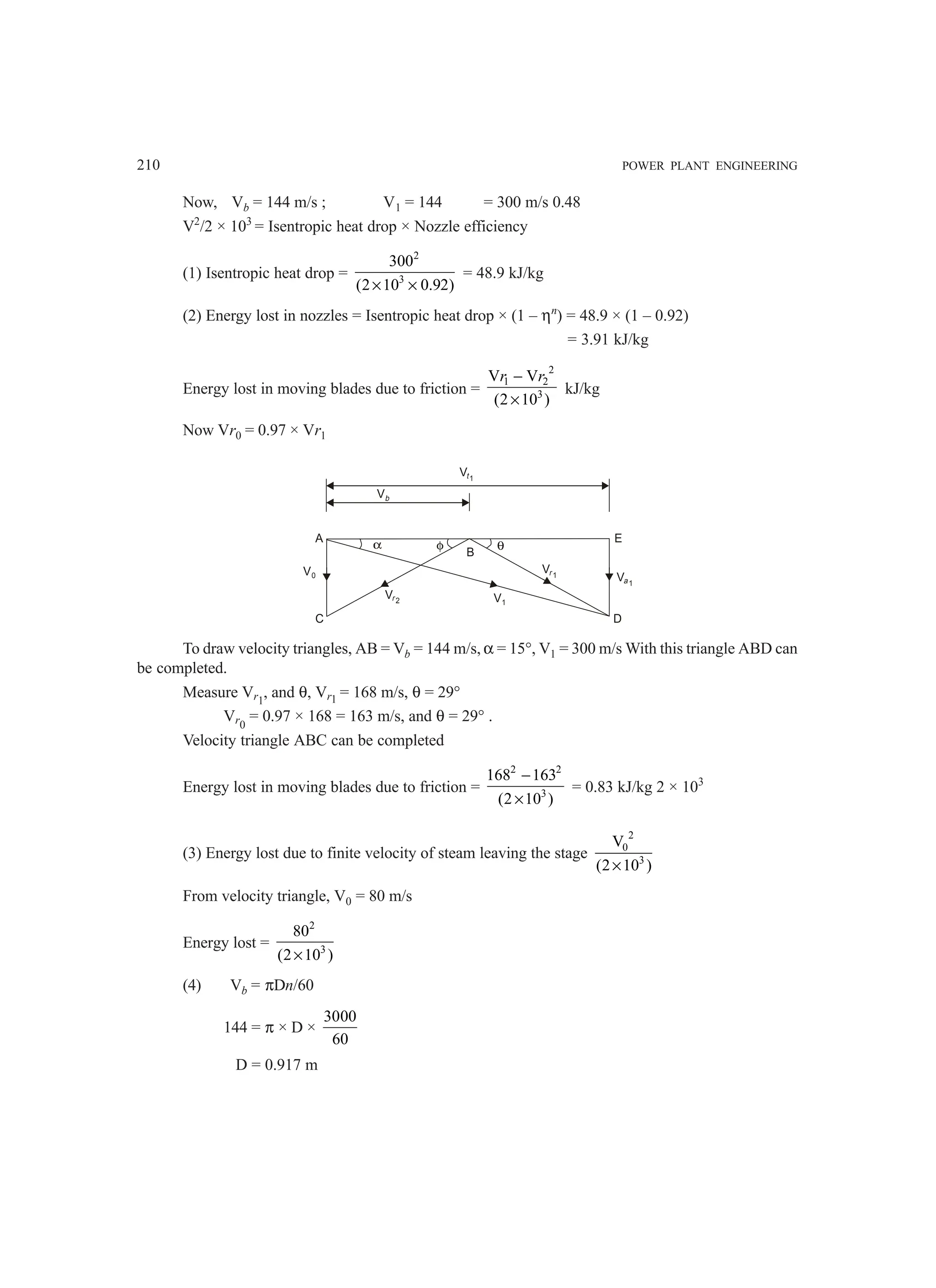 210 POWER PLANT ENGINEERING
Now, Vb = 144 m/s ; V1 = 144 = 300 m/s 0.48
V2
/2 × 103
= Isentropic heat drop × Nozzle efficiency
(1) Isentropic heat drop =
2
3
300
(2 10 0.92)
× ×
= 48.9 kJ/kg
(2) Energy lost in nozzles = Isentropic heat drop × (1 – ηn
) = 48.9 × (1 – 0.92)
= 3.91 kJ/kg
Energy lost in moving blades due to friction =
2
1 2
3
V V
(2 10 )
−
×
r r
kJ/kg
Now Vr0 = 0.97 × Vr1
Vb
Vt1
E
A
C D
Vr 2
Vr 1
V1
B
α φ θ
V0 Va1
To draw velocity triangles, AB = Vb = 144 m/s, α = 15°, V1 = 300 m/s With this triangle ABD can
be completed.
Measure Vr1
, and θ, Vr1 = 168 m/s, θ = 29°
Vr0
= 0.97 × 168 = 163 m/s, and θ = 29° .
Velocity triangle ABC can be completed
Energy lost in moving blades due to friction =
2 2
3
168 163
(2 10 )
−
×
= 0.83 kJ/kg 2 × 103
(3) Energy lost due to finite velocity of steam leaving the stage
2
0
3
V
(2 10 )
×
From velocity triangle, V0 = 80 m/s
Energy lost =
2
3
80
(2 10 )
×
(4) Vb = πDn/60
144 = π × D ×
3000
60
D = 0.917 m
 