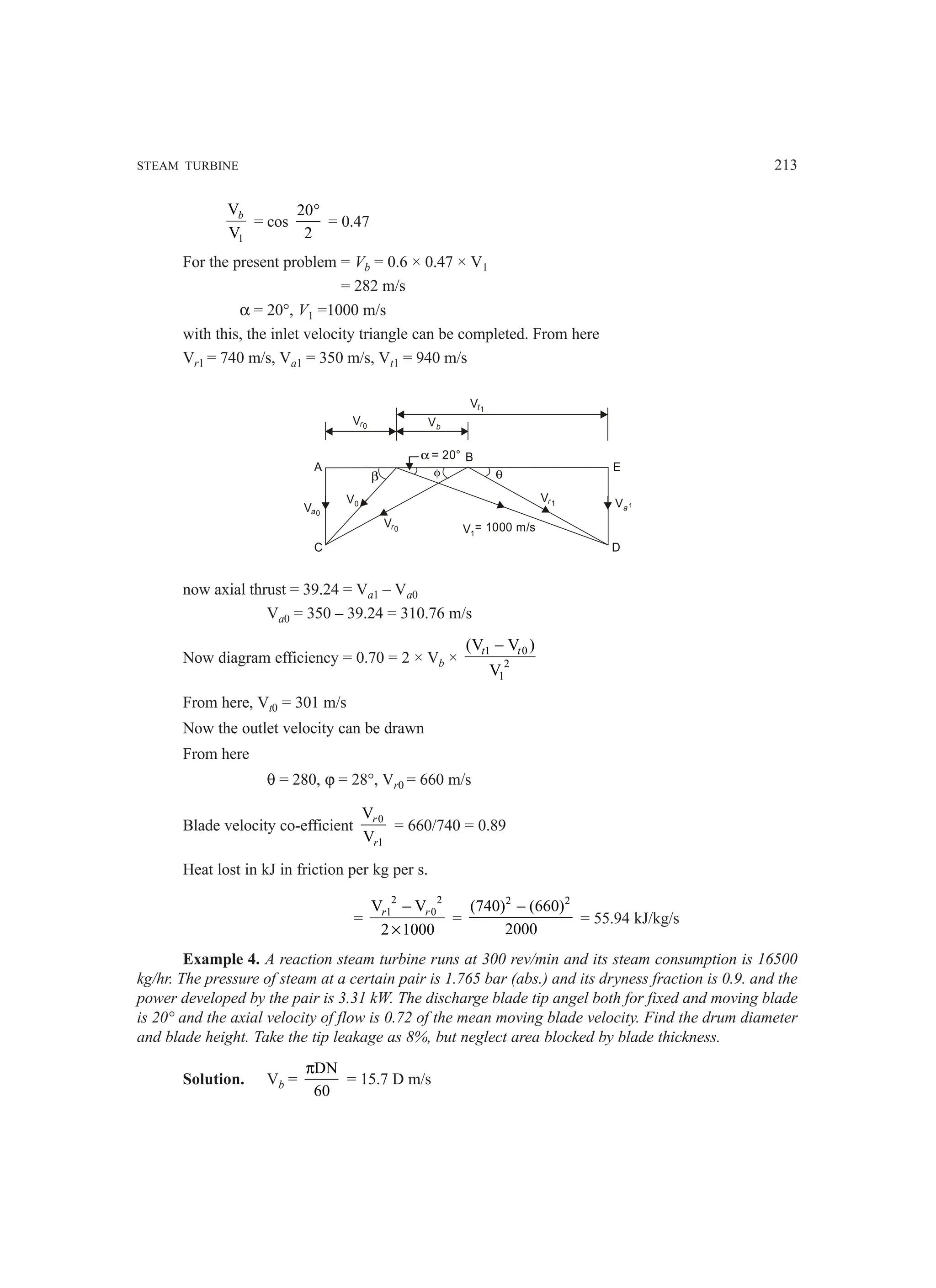 STEAM TURBINE 213
1
V
V
b
= cos
20
2
°
= 0.47
For the present problem = Vb = 0.6 × 0.47 × V1
= 282 m/s
α = 20°, V1 =1000 m/s
with this, the inlet velocity triangle can be completed. From here
Vr1 = 740 m/s, Va1 = 350 m/s, Vt1 = 940 m/s
Vb
E
A
C D
Vr0
Vr 1
V1
B
β φ θ
Va0
Va 1
α = 20°
V0
= 1000 m/s
Vt1
Vr0
now axial thrust = 39.24 = Va1 – Va0
Va0 = 350 – 39.24 = 310.76 m/s
Now diagram efficiency = 0.70 = 2 × Vb ×
1 0
2
1
(V V )
V
t t
−
From here, Vt0 = 301 m/s
Now the outlet velocity can be drawn
From here
θ = 280, ϕ = 28°, Vr0 = 660 m/s
Blade velocity co-efficient 0
1
V
V
r
r
= 660/740 = 0.89
Heat lost in kJ in friction per kg per s.
=
2 2
1 0
V V
2 1000
−
×
r r
=
2 2
(740) (660)
2000
−
= 55.94 kJ/kg/s
Example 4. A reaction steam turbine runs at 300 rev/min and its steam consumption is 16500
kg/hr. The pressure of steam at a certain pair is 1.765 bar (abs.) and its dryness fraction is 0.9. and the
power developed by the pair is 3.31 kW. The discharge blade tip angel both for fixed and moving blade
is 20° and the axial velocity of flow is 0.72 of the mean moving blade velocity. Find the drum diameter
and blade height. Take the tip leakage as 8%, but neglect area blocked by blade thickness.
Solution. Vb =
DN
60
π
= 15.7 D m/s
 