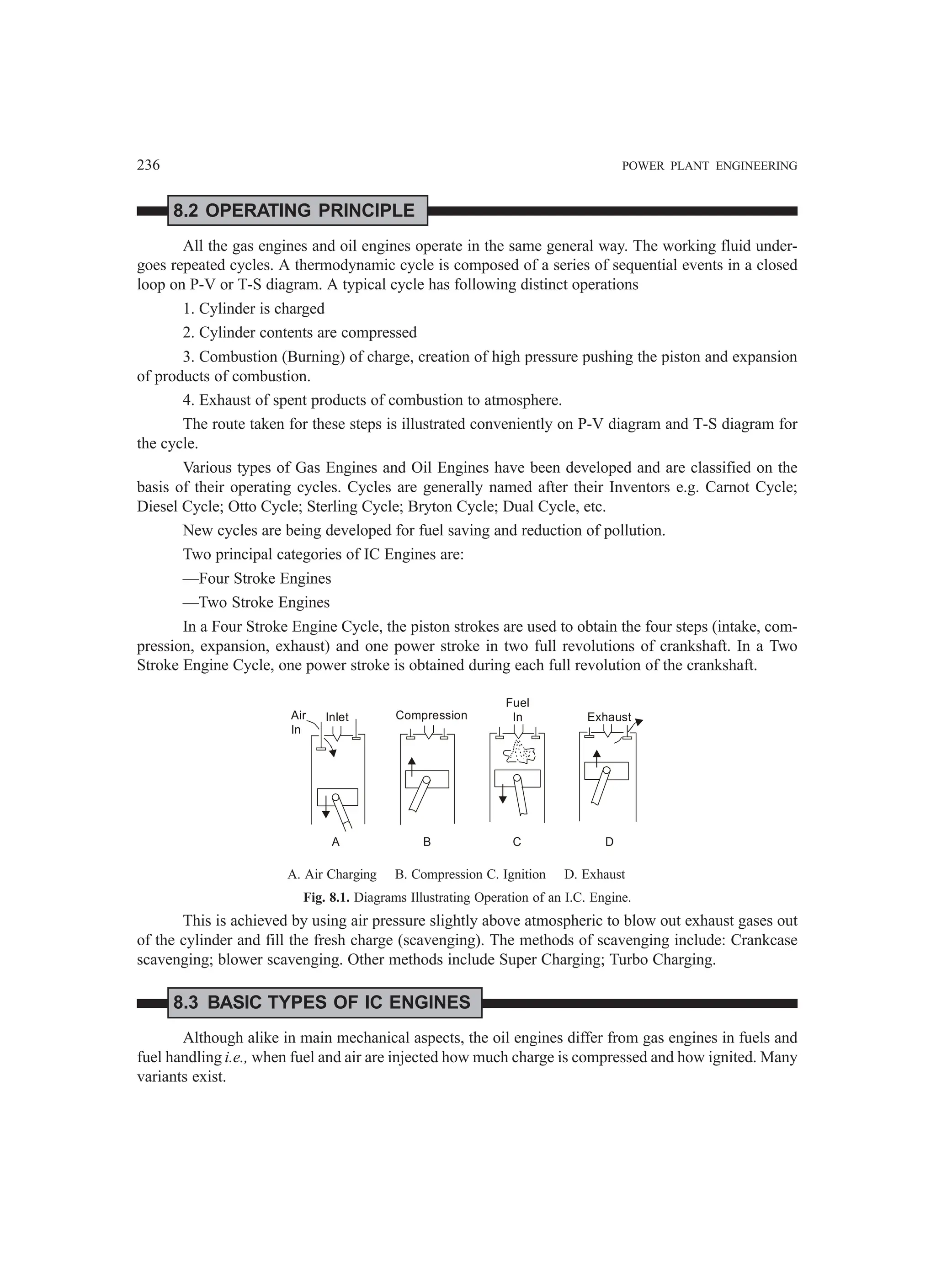 236 POWER PLANT ENGINEERING
8.2 OPERATING PRINCIPLE
All the gas engines and oil engines operate in the same general way. The working fluid under-
goes repeated cycles. A thermodynamic cycle is composed of a series of sequential events in a closed
loop on P-V or T-S diagram. A typical cycle has following distinct operations
1. Cylinder is charged
2. Cylinder contents are compressed
3. Combustion (Burning) of charge, creation of high pressure pushing the piston and expansion
of products of combustion.
4. Exhaust of spent products of combustion to atmosphere.
The route taken for these steps is illustrated conveniently on P-V diagram and T-S diagram for
the cycle.
Various types of Gas Engines and Oil Engines have been developed and are classified on the
basis of their operating cycles. Cycles are generally named after their Inventors e.g. Carnot Cycle;
Diesel Cycle; Otto Cycle; Sterling Cycle; Bryton Cycle; Dual Cycle, etc.
New cycles are being developed for fuel saving and reduction of pollution.
Two principal categories of IC Engines are:
—Four Stroke Engines
—Two Stroke Engines
In a Four Stroke Engine Cycle, the piston strokes are used to obtain the four steps (intake, com-
pression, expansion, exhaust) and one power stroke in two full revolutions of crankshaft. In a Two
Stroke Engine Cycle, one power stroke is obtained during each full revolution of the crankshaft.
Air
In
Inlet Compression
Fuel
In Exhaust
A B C D
A. Air Charging B. Compression C. Ignition D. Exhaust
Fig. 8.1. Diagrams Illustrating Operation of an I.C. Engine.
This is achieved by using air pressure slightly above atmospheric to blow out exhaust gases out
of the cylinder and fill the fresh charge (scavenging). The methods of scavenging include: Crankcase
scavenging; blower scavenging. Other methods include Super Charging; Turbo Charging.
8.3 BASIC TYPES OF IC ENGINES
Although alike in main mechanical aspects, the oil engines differ from gas engines in fuels and
fuel handling i.e., when fuel and air are injected how much charge is compressed and how ignited. Many
variants exist.
 