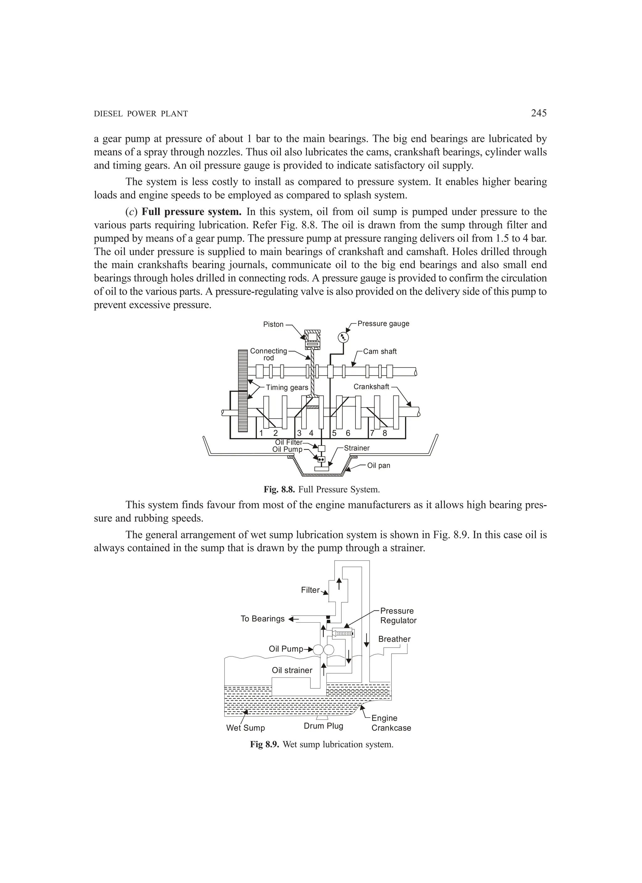 DIESEL POWER PLANT 245
a gear pump at pressure of about 1 bar to the main bearings. The big end bearings are lubricated by
means of a spray through nozzles. Thus oil also lubricates the cams, crankshaft bearings, cylinder walls
and timing gears. An oil pressure gauge is provided to indicate satisfactory oil supply.
The system is less costly to install as compared to pressure system. It enables higher bearing
loads and engine speeds to be employed as compared to splash system.
(c) Full pressure system. In this system, oil from oil sump is pumped under pressure to the
various parts requiring lubrication. Refer Fig. 8.8. The oil is drawn from the sump through filter and
pumped by means of a gear pump. The pressure pump at pressure ranging delivers oil from 1.5 to 4 bar.
The oil under pressure is supplied to main bearings of crankshaft and camshaft. Holes drilled through
the main crankshafts bearing journals, communicate oil to the big end bearings and also small end
bearings through holes drilled in connecting rods. A pressure gauge is provided to confirm the circulation
of oil to the various parts. A pressure-regulating valve is also provided on the delivery side of this pump to
prevent excessive pressure.
Piston
Connecting
rod
Pressure gauge
Cam shaft
Timing gears Crankshaft
Oil Filter
Oil Pump Strainer
Oil pan
1 2 3 4 5 6 7 8
Fig. 8.8. Full Pressure System.
This system finds favour from most of the engine manufacturers as it allows high bearing pres-
sure and rubbing speeds.
The general arrangement of wet sump lubrication system is shown in Fig. 8.9. In this case oil is
always contained in the sump that is drawn by the pump through a strainer.
To Bearings
Filter
Pressure
Regulator
Breather
Engine
Crankcase
Drum Plug
Wet Sump
Oil strainer
Oil Pump
Fig 8.9. Wet sump lubrication system.
 