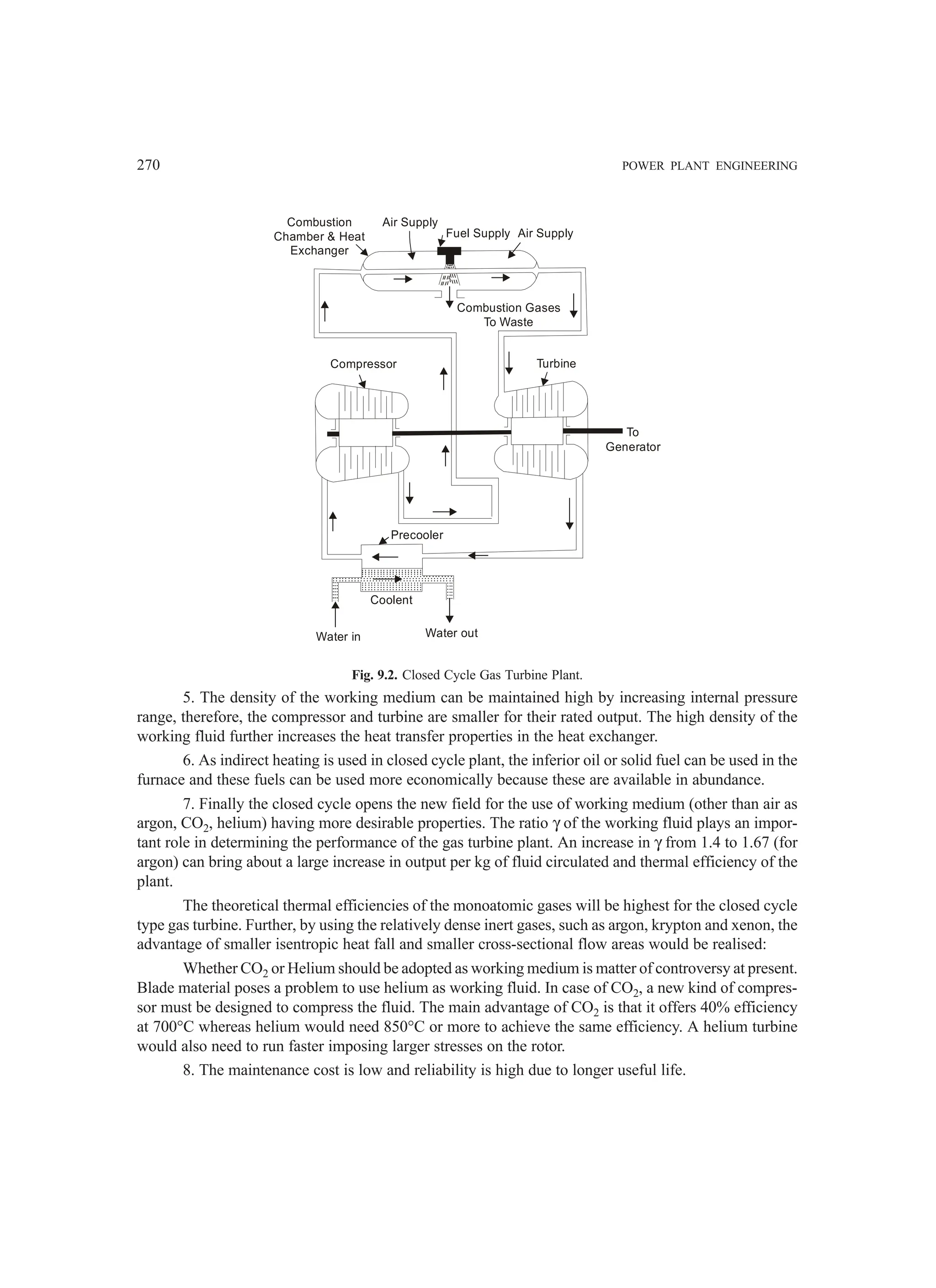 270 POWER PLANT ENGINEERING
Fuel Supply
Air Supply
Combustion Gases
To Waste
Combustion
Chamber  Heat
Exchanger
Compressor
Precooler
Coolent
Water in Water out
To
Generator
Turbine
Air Supply
Fig. 9.2. Closed Cycle Gas Turbine Plant.
5. The density of the working medium can be maintained high by increasing internal pressure
range, therefore, the compressor and turbine are smaller for their rated output. The high density of the
working fluid further increases the heat transfer properties in the heat exchanger.
6. As indirect heating is used in closed cycle plant, the inferior oil or solid fuel can be used in the
furnace and these fuels can be used more economically because these are available in abundance.
7. Finally the closed cycle opens the new field for the use of working medium (other than air as
argon, CO2, helium) having more desirable properties. The ratio γ of the working fluid plays an impor-
tant role in determining the performance of the gas turbine plant. An increase in γ from 1.4 to 1.67 (for
argon) can bring about a large increase in output per kg of fluid circulated and thermal efficiency of the
plant.
The theoretical thermal efficiencies of the monoatomic gases will be highest for the closed cycle
type gas turbine. Further, by using the relatively dense inert gases, such as argon, krypton and xenon, the
advantage of smaller isentropic heat fall and smaller cross-sectional flow areas would be realised:
Whether CO2 or Helium should be adopted as working medium is matter of controversy at present.
Blade material poses a problem to use helium as working fluid. In case of CO2, a new kind of compres-
sor must be designed to compress the fluid. The main advantage of CO2 is that it offers 40% efficiency
at 700°C whereas helium would need 850°C or more to achieve the same efficiency. A helium turbine
would also need to run faster imposing larger stresses on the rotor.
8. The maintenance cost is low and reliability is high due to longer useful life.
 