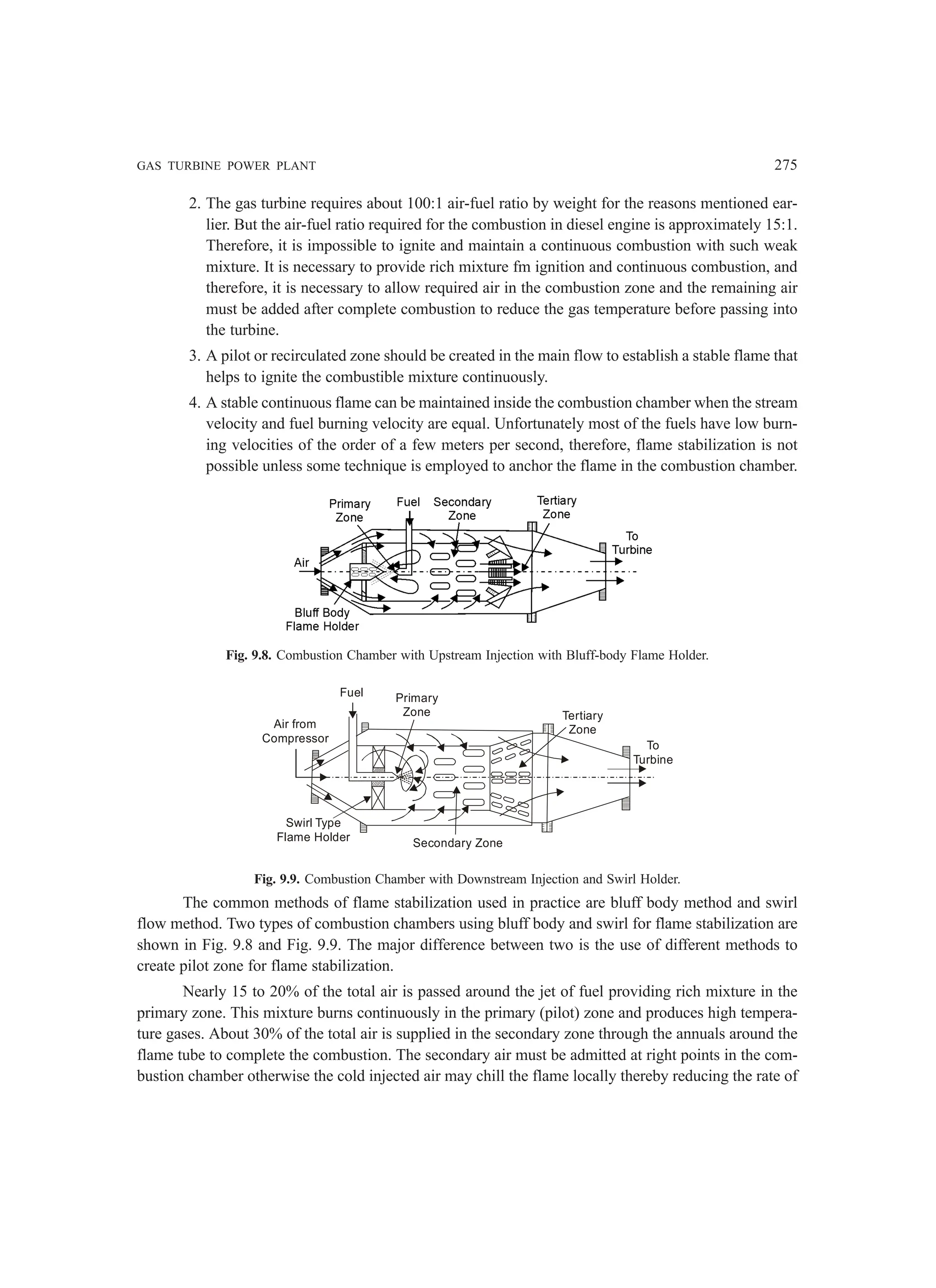 GAS TURBINE POWER PLANT 275
2. The gas turbine requires about 100:1 air-fuel ratio by weight for the reasons mentioned ear-
lier. But the air-fuel ratio required for the combustion in diesel engine is approximately 15:1.
Therefore, it is impossible to ignite and maintain a continuous combustion with such weak
mixture. It is necessary to provide rich mixture fm ignition and continuous combustion, and
therefore, it is necessary to allow required air in the combustion zone and the remaining air
must be added after complete combustion to reduce the gas temperature before passing into
the turbine.
3. A pilot or recirculated zone should be created in the main flow to establish a stable flame that
helps to ignite the combustible mixture continuously.
4. A stable continuous flame can be maintained inside the combustion chamber when the stream
velocity and fuel burning velocity are equal. Unfortunately most of the fuels have low burn-
ing velocities of the order of a few meters per second, therefore, flame stabilization is not
possible unless some technique is employed to anchor the flame in the combustion chamber.
Fig. 9.8. Combustion Chamber with Upstream Injection with Bluff-body Flame Holder.
Fuel Primary
Zone
Air from
Compressor
Swirl Type
Flame Holder Secondary Zone
Tertiary
Zone
To
Turbine
Fig. 9.9. Combustion Chamber with Downstream Injection and Swirl Holder.
The common methods of flame stabilization used in practice are bluff body method and swirl
flow method. Two types of combustion chambers using bluff body and swirl for flame stabilization are
shown in Fig. 9.8 and Fig. 9.9. The major difference between two is the use of different methods to
create pilot zone for flame stabilization.
Nearly 15 to 20% of the total air is passed around the jet of fuel providing rich mixture in the
primary zone. This mixture burns continuously in the primary (pilot) zone and produces high tempera-
ture gases. About 30% of the total air is supplied in the secondary zone through the annuals around the
flame tube to complete the combustion. The secondary air must be admitted at right points in the com-
bustion chamber otherwise the cold injected air may chill the flame locally thereby reducing the rate of
 