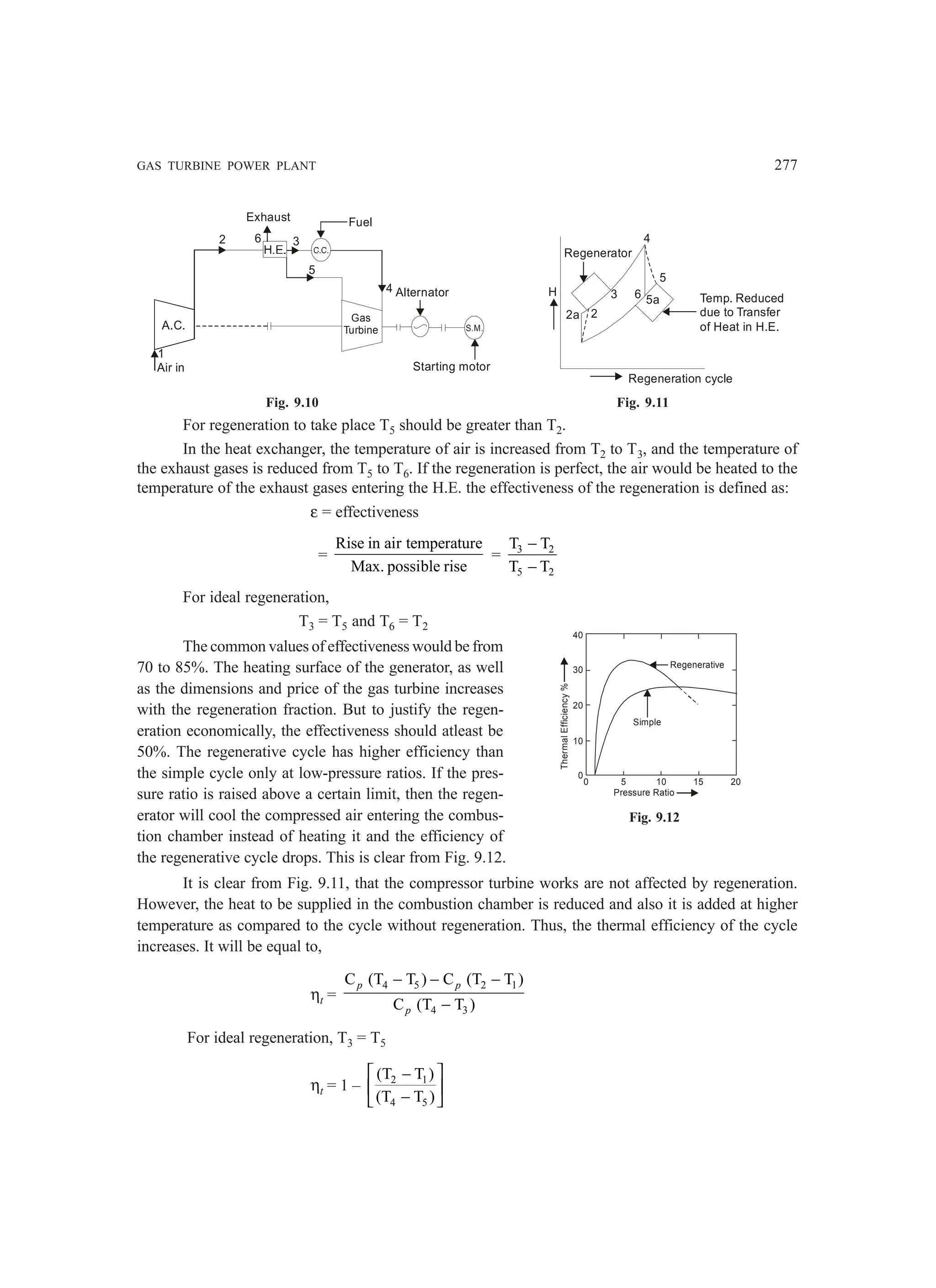 GAS TURBINE POWER PLANT 277
A.C.
Exhaust Fuel
Alternator
S.M.
Gas
Turbine
Air in
1
2 3
6
5
4
Starting motor
Regenerator
2a 2
3 6
5
5a
4
Temp. Reduced
due to Transfer
of Heat in H.E.
H
Regeneration cycle
Fig. 9.10 Fig. 9.11
For regeneration to take place T5 should be greater than T2.
In the heat exchanger, the temperature of air is increased from T2 to T3, and the temperature of
the exhaust gases is reduced from T5 to T6. If the regeneration is perfect, the air would be heated to the
temperature of the exhaust gases entering the H.E. the effectiveness of the regeneration is defined as:
ε = effectiveness
=
Rise in air temperature
Max. possible rise
= 3 2
5 2
T T
T T
−
−
For ideal regeneration,
T3 = T5 and T6 = T2
The common values of effectiveness would be from
70 to 85%. The heating surface of the generator, as well
as the dimensions and price of the gas turbine increases
with the regeneration fraction. But to justify the regen-
eration economically, the effectiveness should atleast be
50%. The regenerative cycle has higher efficiency than
the simple cycle only at low-pressure ratios. If the pres-
sure ratio is raised above a certain limit, then the regen-
erator will cool the compressed air entering the combus-
tion chamber instead of heating it and the efficiency of
the regenerative cycle drops. This is clear from Fig. 9.12.
It is clear from Fig. 9.11, that the compressor turbine works are not affected by regeneration.
However, the heat to be supplied in the combustion chamber is reduced and also it is added at higher
temperature as compared to the cycle without regeneration. Thus, the thermal efficiency of the cycle
increases. It will be equal to,
ηt =
4 5 2 1
4 3
C (T T ) C (T T )
C (T T )
p p
p
− − −
−
For ideal regeneration, T3 = T5
ηt = 1 – 2 1
4 5
(T T )
(T T )
 
−
 
−
 
0
0
10
20
30
40
5 10 15 20
Pressure Ratio
Thermal
Efficiency
%
Regenerative
Simple
Fig. 9.12
 