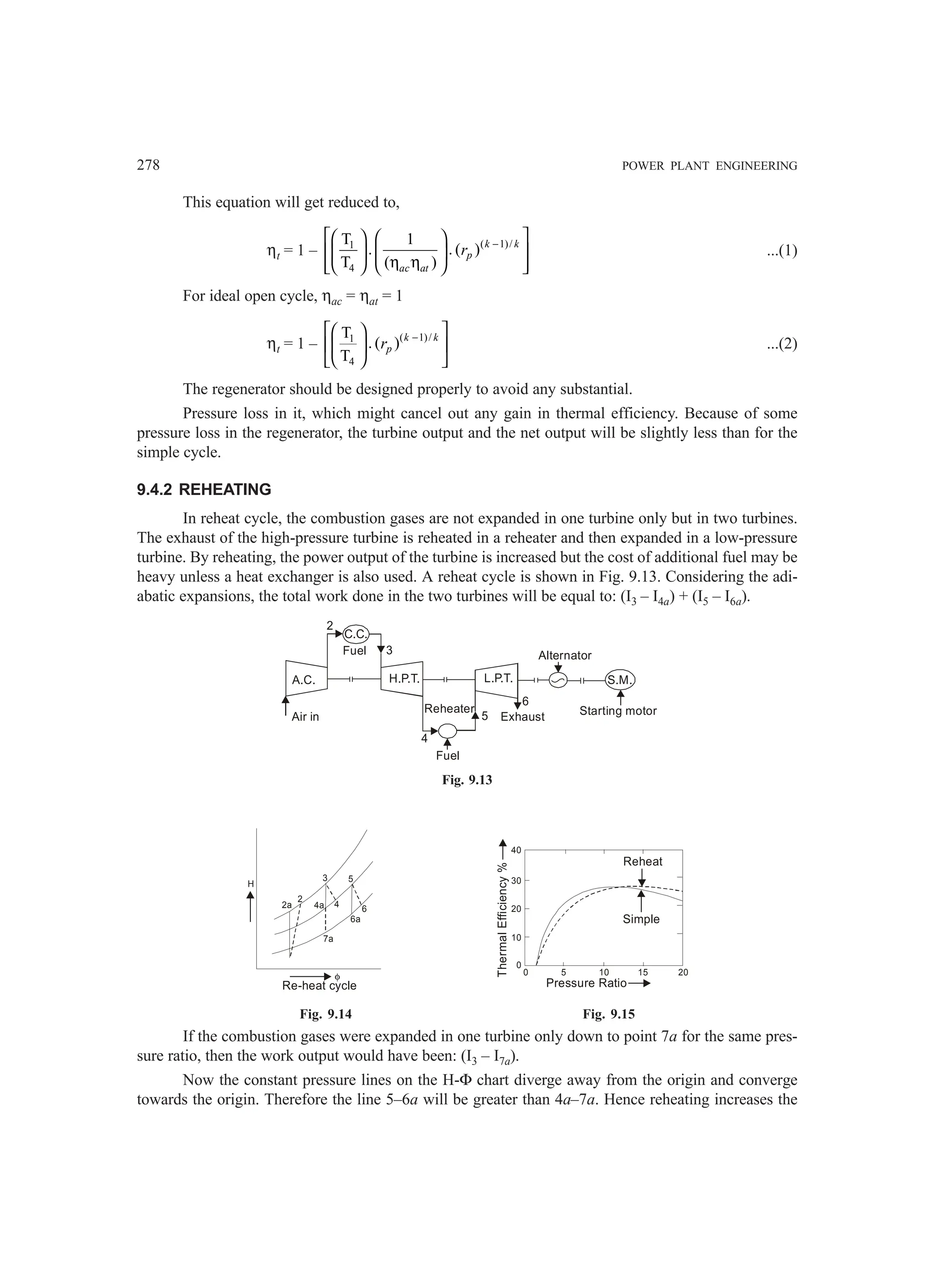 278 POWER PLANT ENGINEERING
This equation will get reduced to,
ηt = 1 – ( 1)/
1
4
T 1
. . ( )
T ( )
k k
p
ac at
r −
 
 
 
 
 
 
η η
 
   
 
...(1)
For ideal open cycle, ηac = ηat = 1
ηt = 1 – ( 1)/
1
4
T
. ( )
T
k k
p
r −
 
 
 
 
 
 
...(2)
The regenerator should be designed properly to avoid any substantial.
Pressure loss in it, which might cancel out any gain in thermal efficiency. Because of some
pressure loss in the regenerator, the turbine output and the net output will be slightly less than for the
simple cycle.
9.4.2 REHEATING
In reheat cycle, the combustion gases are not expanded in one turbine only but in two turbines.
The exhaust of the high-pressure turbine is reheated in a reheater and then expanded in a low-pressure
turbine. By reheating, the power output of the turbine is increased but the cost of additional fuel may be
heavy unless a heat exchanger is also used. A reheat cycle is shown in Fig. 9.13. Considering the adi-
abatic expansions, the total work done in the two turbines will be equal to: (I3 – I4a) + (I5 – I6a).
S.M.
Alternator
L.P.T.
Exhaust
5
6
4
Reheater
Fuel
H.P.T.
3
Fuel
C.C.
2
A.C.
Air in Starting motor
Fig. 9.13
2a
2
3
4
7a
4a
5
6
6a
H
φ
Re-heat cycle
0
0 5 10 15
10
20
30
40
20
Thermal
Efficiency
%
Pressure Ratio
Reheat
Simple
Fig. 9.14 Fig. 9.15
If the combustion gases were expanded in one turbine only down to point 7a for the same pres-
sure ratio, then the work output would have been: (I3 – I7a).
Now the constant pressure lines on the H-Φ chart diverge away from the origin and converge
towards the origin. Therefore the line 5–6a will be greater than 4a–7a. Hence reheating increases the
 