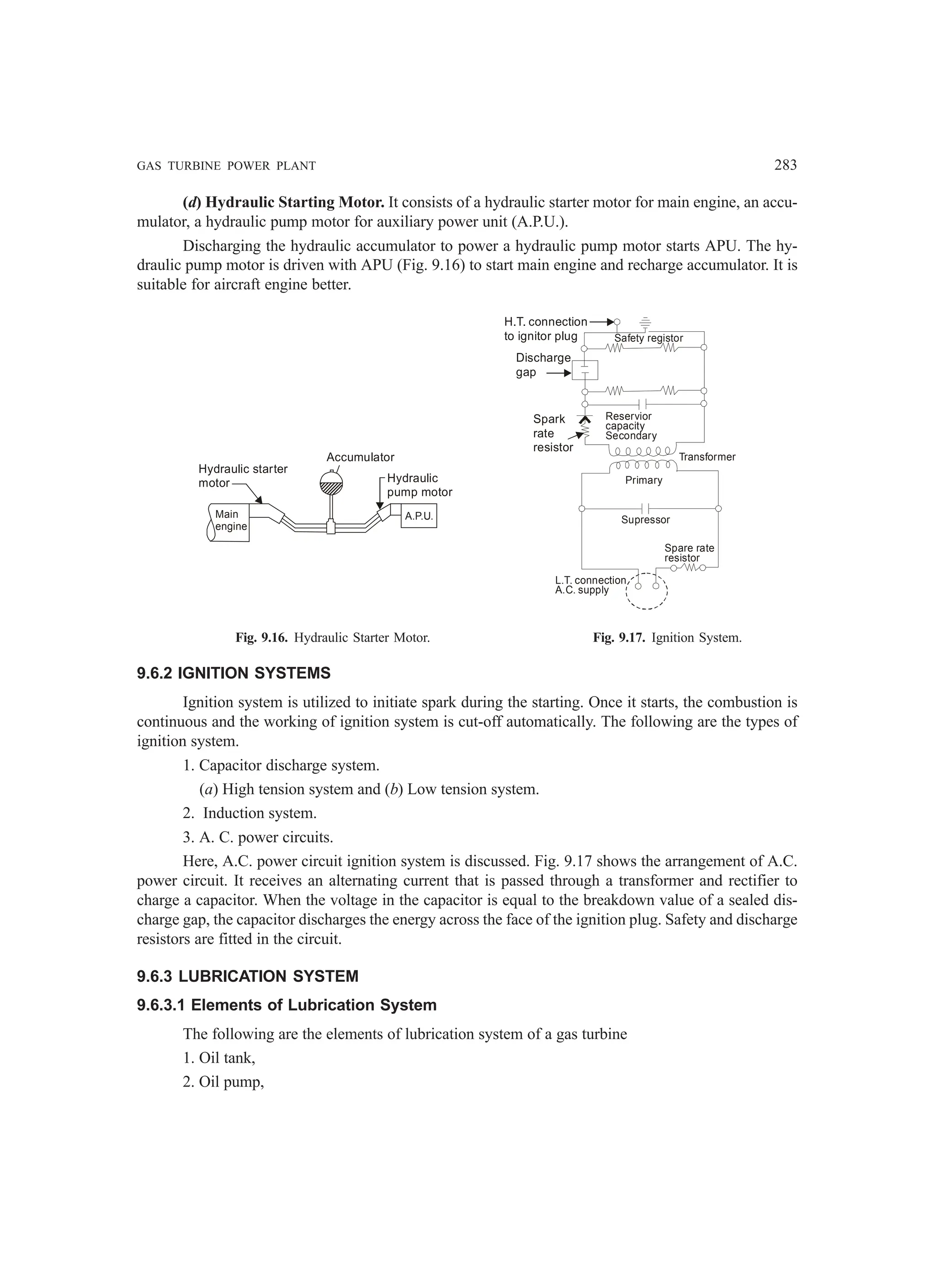 GAS TURBINE POWER PLANT 283
(d) Hydraulic Starting Motor. It consists of a hydraulic starter motor for main engine, an accu-
mulator, a hydraulic pump motor for auxiliary power unit (A.P.U.).
Discharging the hydraulic accumulator to power a hydraulic pump motor starts APU. The hy-
draulic pump motor is driven with APU (Fig. 9.16) to start main engine and recharge accumulator. It is
suitable for aircraft engine better.
Hydraulic starter
motor
Accumulator
Hydraulic
pump motor
Main
engine
A.P.U.
Spark
rate
resistor
Discharge
gap
H.T. connection
to ignitor plug Safety registor
Reservior
capacity
Secondary
Primary
Supressor
Spare rate
resistor
L.T. connection
A.C. supply
Transformer
Fig. 9.16. Hydraulic Starter Motor. Fig. 9.17. Ignition System.
9.6.2 IGNITION SYSTEMS
Ignition system is utilized to initiate spark during the starting. Once it starts, the combustion is
continuous and the working of ignition system is cut-off automatically. The following are the types of
ignition system.
1. Capacitor discharge system.
(a) High tension system and (b) Low tension system.
2. Induction system.
3. A. C. power circuits.
Here, A.C. power circuit ignition system is discussed. Fig. 9.17 shows the arrangement of A.C.
power circuit. It receives an alternating current that is passed through a transformer and rectifier to
charge a capacitor. When the voltage in the capacitor is equal to the breakdown value of a sealed dis-
charge gap, the capacitor discharges the energy across the face of the ignition plug. Safety and discharge
resistors are fitted in the circuit.
9.6.3 LUBRICATION SYSTEM
9.6.3.1 Elements of Lubrication System
The following are the elements of lubrication system of a gas turbine
1. Oil tank,
2. Oil pump,
 