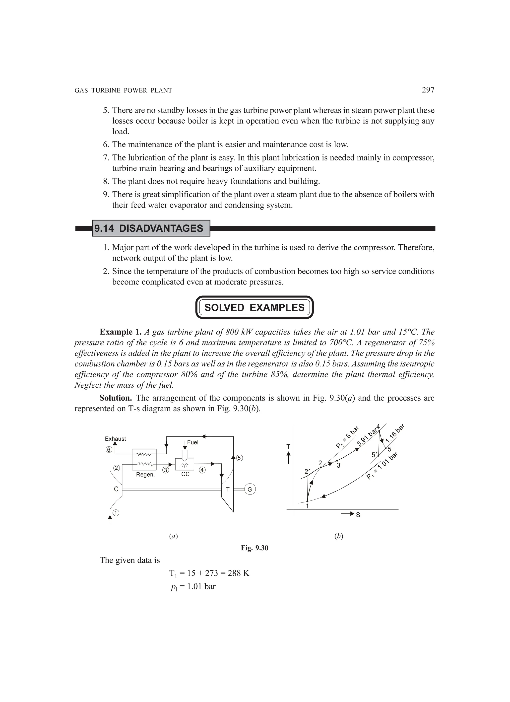 GAS TURBINE POWER PLANT 297
5. There are no standby losses in the gas turbine power plant whereas in steam power plant these
losses occur because boiler is kept in operation even when the turbine is not supplying any
load.
6. The maintenance of the plant is easier and maintenance cost is low.
7. The lubrication of the plant is easy. In this plant lubrication is needed mainly in compressor,
turbine main bearing and bearings of auxiliary equipment.
8. The plant does not require heavy foundations and building.
9. There is great simplification of the plant over a steam plant due to the absence of boilers with
their feed water evaporator and condensing system.
9.14 DISADVANTAGES
1. Major part of the work developed in the turbine is used to derive the compressor. Therefore,
network output of the plant is low.
2. Since the temperature of the products of combustion becomes too high so service conditions
become complicated even at moderate pressures.
SOLVED EXAMPLES
Example 1. A gas turbine plant of 800 kW capacities takes the air at 1.01 bar and 15°C. The
pressure ratio of the cycle is 6 and maximum temperature is limited to 700°C. A regenerator of 75%
effectiveness is added in the plant to increase the overall efficiency of the plant. The pressure drop in the
combustion chamber is 0.15 bars as well as in the regenerator is also 0.15 bars. Assuming the isentropic
efficiency of the compressor 80% and of the turbine 85%, determine the plant thermal efficiency.
Neglect the mass of the fuel.
Solution. The arrangement of the components is shown in Fig. 9.30(a) and the processes are
represented on T-s diagram as shown in Fig. 9.30(b).
3
2
2′
5′
1
5
4
P
=
6
b
a
r
2
5.91
bar
1
.
1
6
b
a
r
P
=
1.01
bar
1
S
T
6
2
Exhaust
Fuel
CC
3 4
5
G
T
1
Regen.
C
(a) (b)
Fig. 9.30
The given data is
T1 = 15 + 273 = 288 K
pl = 1.01 bar
 