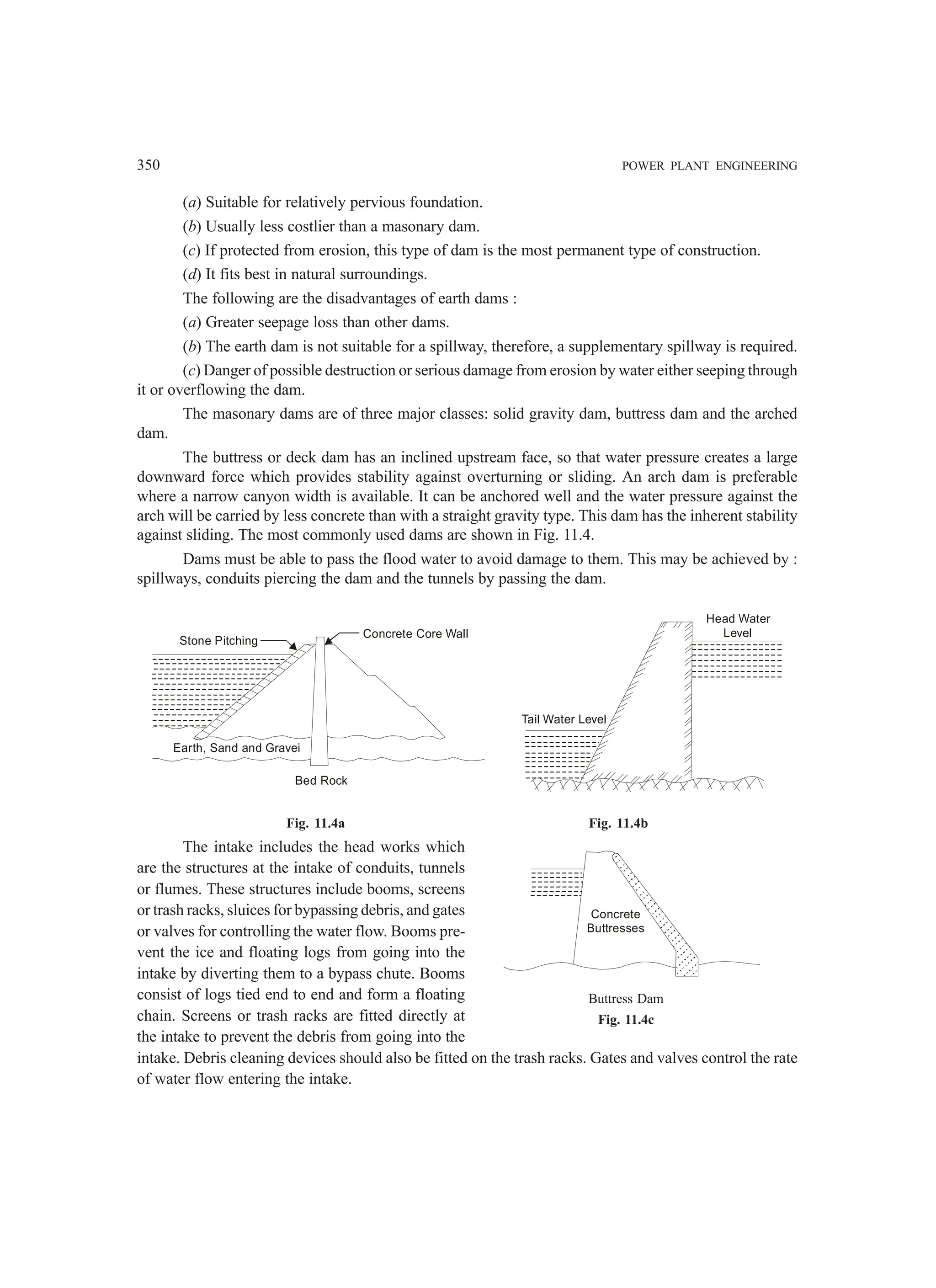 350 POWER PLANT ENGINEERING
(a) Suitable for relatively pervious foundation.
(b) Usually less costlier than a masonary dam.
(c) If protected from erosion, this type of dam is the most permanent type of construction.
(d) It fits best in natural surroundings.
The following are the disadvantages of earth dams :
(a) Greater seepage loss than other dams.
(b) The earth dam is not suitable for a spillway, therefore, a supplementary spillway is required.
(c) Danger of possible destruction or serious damage from erosion by water either seeping through
it or overflowing the dam.
The masonary dams are of three major classes: solid gravity dam, buttress dam and the arched
dam.
The buttress or deck dam has an inclined upstream face, so that water pressure creates a large
downward force which provides stability against overturning or sliding. An arch dam is preferable
where a narrow canyon width is available. It can be anchored well and the water pressure against the
arch will be carried by less concrete than with a straight gravity type. This dam has the inherent stability
against sliding. The most commonly used dams are shown in Fig. 11.4.
Dams must be able to pass the flood water to avoid damage to them. This may be achieved by :
spillways, conduits piercing the dam and the tunnels by passing the dam.
Concrete Core Wall
Stone Pitching
Earth, Sand and Gravei
Bed Rock
Tail Water Level
Head Water
Level
Fig. 11.4a Fig. 11.4b
The intake includes the head works which
are the structures at the intake of conduits, tunnels
or flumes. These structures include booms, screens
or trash racks, sluices for bypassing debris, and gates
or valves for controlling the water flow. Booms pre-
vent the ice and floating logs from going into the
intake by diverting them to a bypass chute. Booms
consist of logs tied end to end and form a floating
chain. Screens or trash racks are fitted directly at
the intake to prevent the debris from going into the
intake. Debris cleaning devices should also be fitted on the trash racks. Gates and valves control the rate
of water flow entering the intake.
Buttress Dam
Fig. 11.4c
Concrete
Buttresses
 