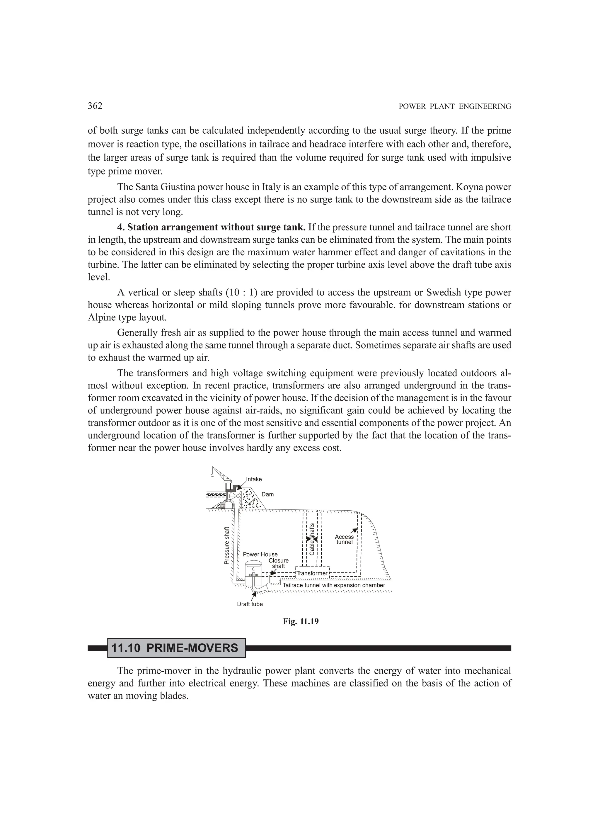362 POWER PLANT ENGINEERING
of both surge tanks can be calculated independently according to the usual surge theory. If the prime
mover is reaction type, the oscillations in tailrace and headrace interfere with each other and, therefore,
the larger areas of surge tank is required than the volume required for surge tank used with impulsive
type prime mover.
The Santa Giustina power house in Italy is an example of this type of arrangement. Koyna power
project also comes under this class except there is no surge tank to the downstream side as the tailrace
tunnel is not very long.
4. Station arrangement without surge tank. If the pressure tunnel and tailrace tunnel are short
in length, the upstream and downstream surge tanks can be eliminated from the system. The main points
to be considered in this design are the maximum water hammer effect and danger of cavitations in the
turbine. The latter can be eliminated by selecting the proper turbine axis level above the draft tube axis
level.
A vertical or steep shafts (10 : 1) are provided to access the upstream or Swedish type power
house whereas horizontal or mild sloping tunnels prove more favourable. for downstream stations or
Alpine type layout.
Generally fresh air as supplied to the power house through the main access tunnel and warmed
up air is exhausted along the same tunnel through a separate duct. Sometimes separate air shafts are used
to exhaust the warmed up air.
The transformers and high voltage switching equipment were previously located outdoors al-
most without exception. In recent practice, transformers are also arranged underground in the trans-
former room excavated in the vicinity of power house. If the decision of the management is in the favour
of underground power house against air-raids, no significant gain could be achieved by locating the
transformer outdoor as it is one of the most sensitive and essential components of the power project. An
underground location of the transformer is further supported by the fact that the location of the trans-
former near the power house involves hardly any excess cost.
Draft tube
Closure
shaft
Power House
Transformer
Tailrace tunnel with expansion chamber
Access
tunnel
Cable
shafts
Intake
Dam
Pressure
shaft
Fig. 11.19
11.10 PRIME-MOVERS
The prime-mover in the hydraulic power plant converts the energy of water into mechanical
energy and further into electrical energy. These machines are classified on the basis of the action of
water an moving blades.
 