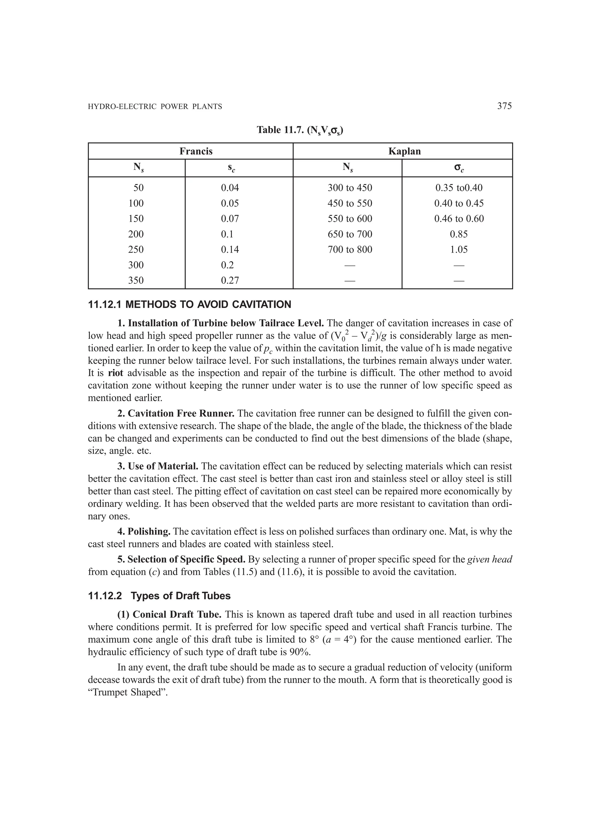 HYDRO-ELECTRIC POWER PLANTS 375
Table 11.7. (NsVsσ
σ
σ
σ
σs)
Francis Kaplan
Ns sc Ns σ
σ
σ
σ
σc
50 0.04 300 to 450 0.35 to0.40
100 0.05 450 to 550 0.40 to 0.45
150 0.07 550 to 600 0.46 to 0.60
200 0.1 650 to 700 0.85
250 0.14 700 to 800 1.05
300 0.2 — —
350 0.27 — —
11.12.1 METHODS TO AVOID CAVITATION
1. Installation of Turbine below Tailrace Level. The danger of cavitation increases in case of
low head and high speed propeller runner as the value of (V0
2
– Vd
2
)/g is considerably large as men-
tioned earlier. In order to keep the value of pc within the cavitation limit, the value of h is made negative
keeping the runner below tailrace level. For such installations, the turbines remain always under water.
It is riot advisable as the inspection and repair of the turbine is difficult. The other method to avoid
cavitation zone without keeping the runner under water is to use the runner of low specific speed as
mentioned earlier.
2. Cavitation Free Runner. The cavitation free runner can be designed to fulfill the given con-
ditions with extensive research. The shape of the blade, the angle of the blade, the thickness of the blade
can be changed and experiments can be conducted to find out the best dimensions of the blade (shape,
size, angle. etc.
3. Use of Material. The cavitation effect can be reduced by selecting materials which can resist
better the cavitation effect. The cast steel is better than cast iron and stainless steel or alloy steel is still
better than cast steel. The pitting effect of cavitation on cast steel can be repaired more economically by
ordinary welding. It has been observed that the welded parts are more resistant to cavitation than ordi-
nary ones.
4. Polishing. The cavitation effect is less on polished surfaces than ordinary one. Mat, is why the
cast steel runners and blades are coated with stainless steel.
5. Selection of Specific Speed. By selecting a runner of proper specific speed for the given head
from equation (c) and from Tables (11.5) and (11.6), it is possible to avoid the cavitation.
11.12.2 Types of Draft Tubes
(1) Conical Draft Tube. This is known as tapered draft tube and used in all reaction turbines
where conditions permit. It is preferred for low specific speed and vertical shaft Francis turbine. The
maximum cone angle of this draft tube is limited to 8° (a = 4°) for the cause mentioned earlier. The
hydraulic efficiency of such type of draft tube is 90%.
In any event, the draft tube should be made as to secure a gradual reduction of velocity (uniform
decease towards the exit of draft tube) from the runner to the mouth. A form that is theoretically good is
“Trumpet Shaped”.
 